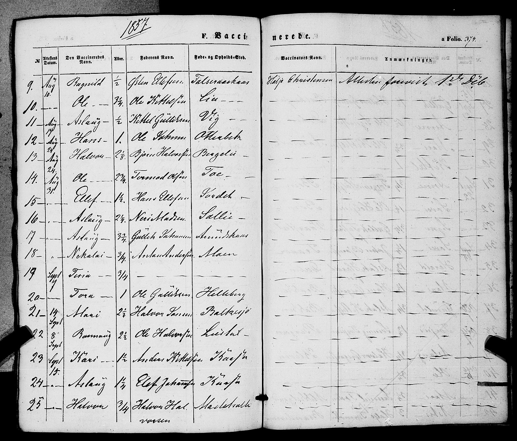 Hjartdal kirkebøker, AV/SAKO-A-270/F/Fa/L0008: Parish register (official) no. I 8, 1844-1859, p. 374