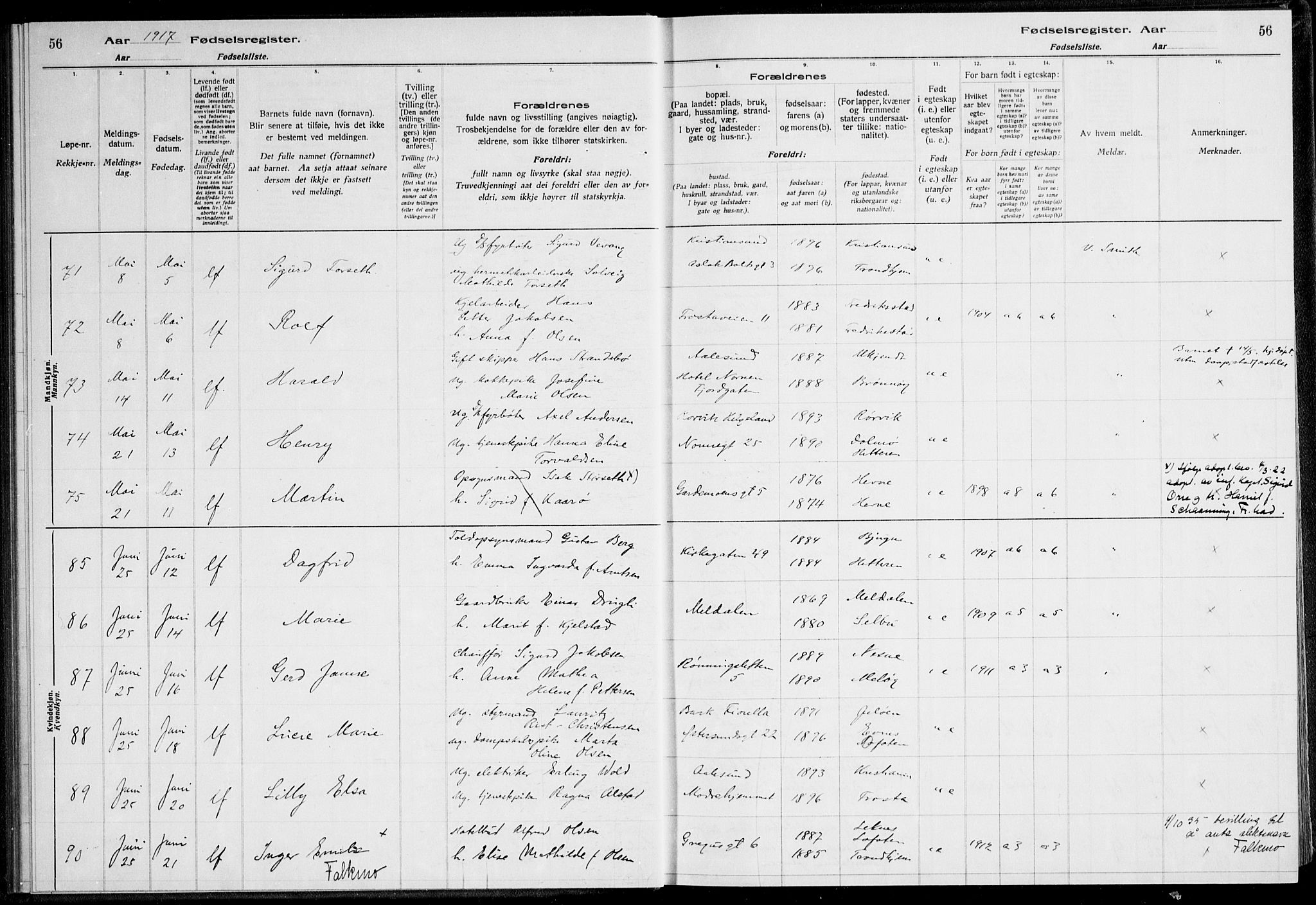 Ministerialprotokoller, klokkerbøker og fødselsregistre - Sør-Trøndelag, SAT/A-1456/600/L0002: Birth register no. 600.II.4.1, 1916-1920, p. 56