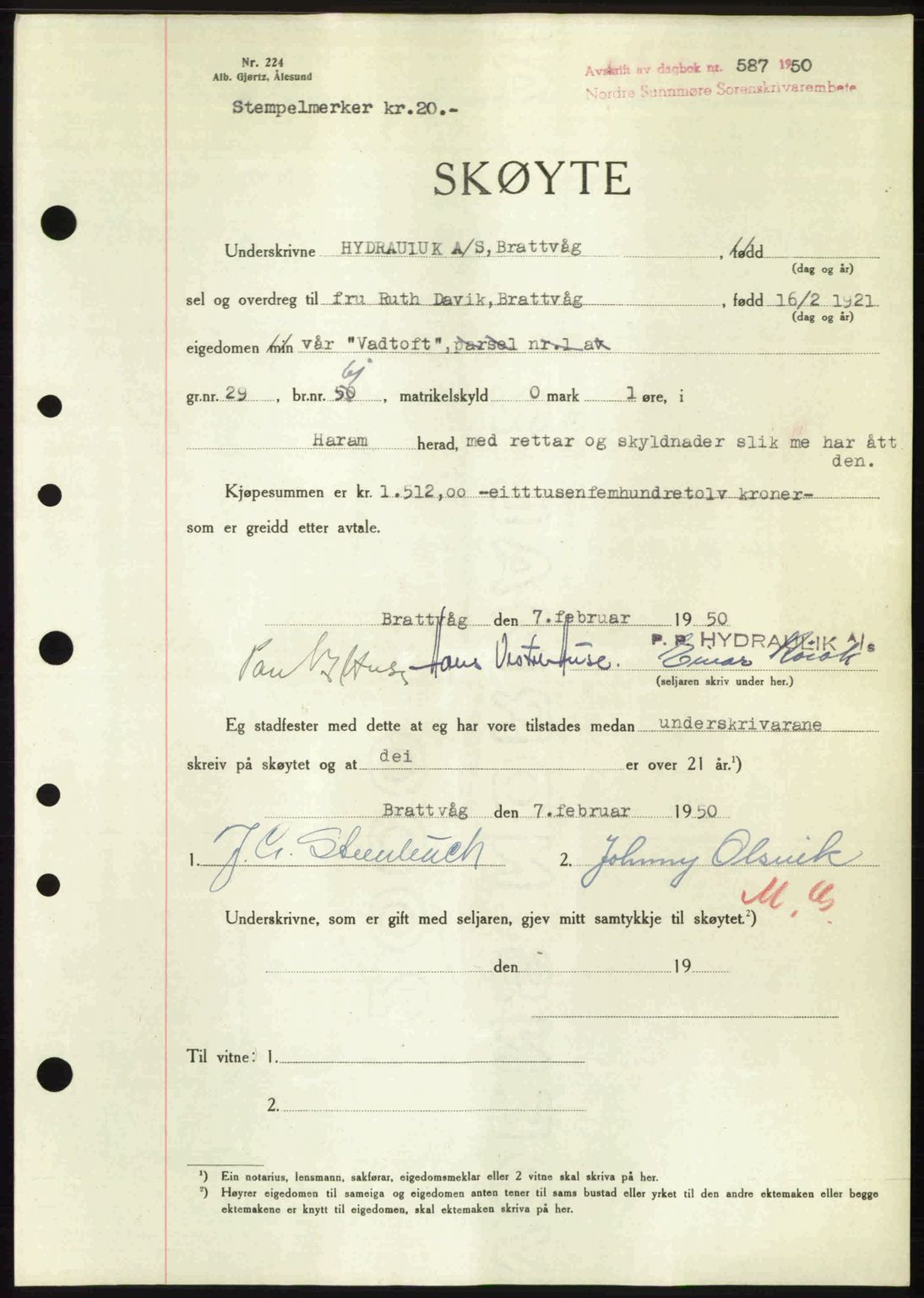 Nordre Sunnmøre sorenskriveri, AV/SAT-A-0006/1/2/2C/2Ca: Mortgage book no. A34, 1950-1950, Diary no: : 587/1950