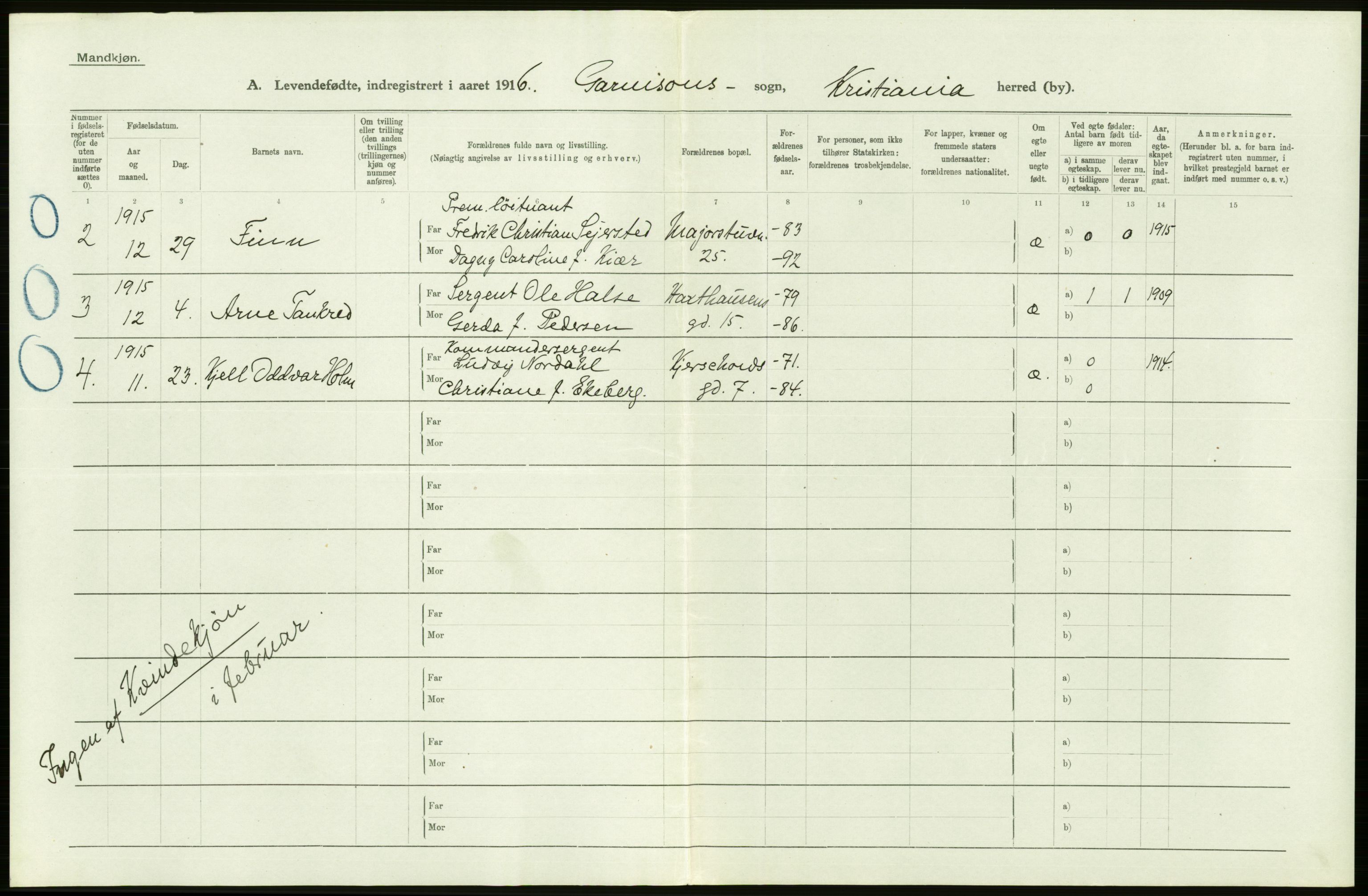 Statistisk sentralbyrå, Sosiodemografiske emner, Befolkning, AV/RA-S-2228/D/Df/Dfb/Dfbf/L0007: Kristiania: Levendefødte menn og kvinner., 1916, p. 450