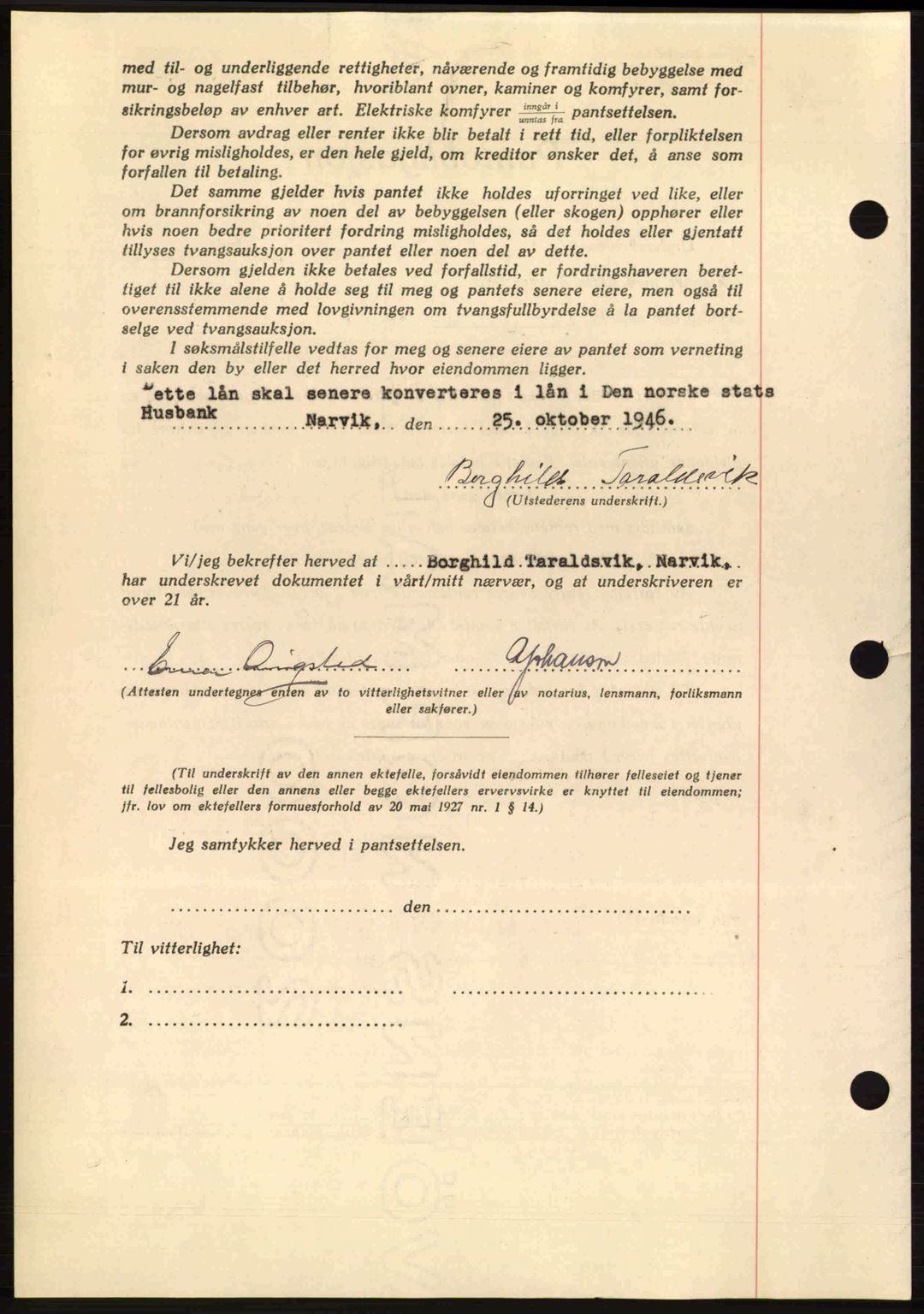 Narvik sorenskriveri, AV/SAT-A-0002/1/2/2C/2Ca: Mortgage book no. A21, 1946-1947, Diary no: : 537/1946