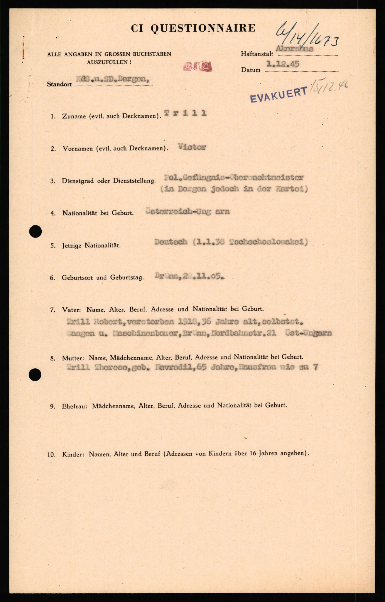 Forsvaret, Forsvarets overkommando II, AV/RA-RAFA-3915/D/Db/L0034: CI Questionaires. Tyske okkupasjonsstyrker i Norge. Tyskere., 1945-1946, p. 81