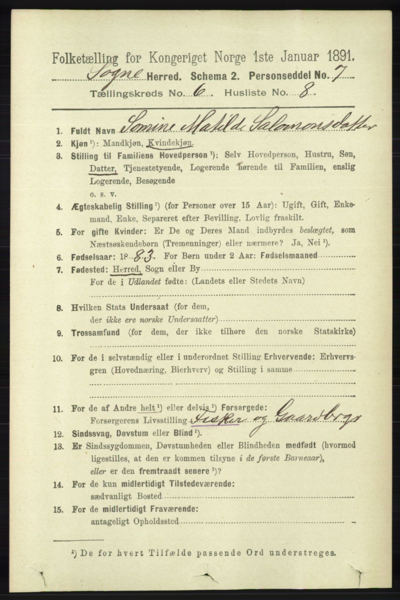 RA, 1891 census for 1018 Søgne, 1891, p. 1416