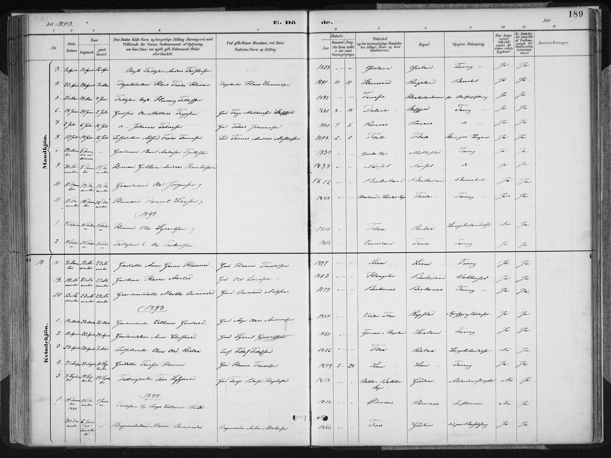 Birkenes sokneprestkontor, SAK/1111-0004/F/Fa/L0005: Parish register (official) no. A 5, 1887-1907, p. 189