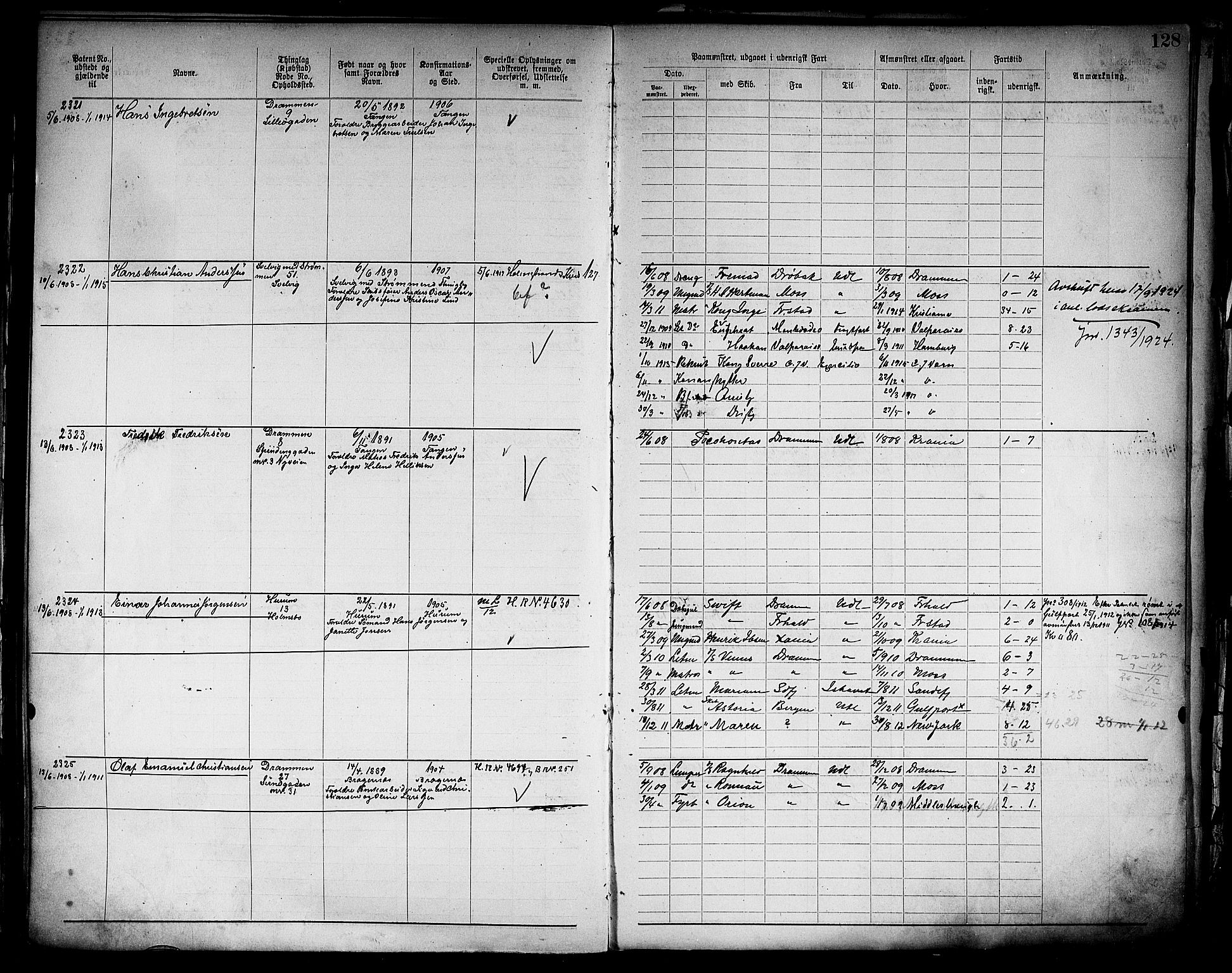 Drammen innrulleringsdistrikt, SAKO/A-781/F/Fb/L0006: Annotasjonsrulle, 1905-1911, p. 130