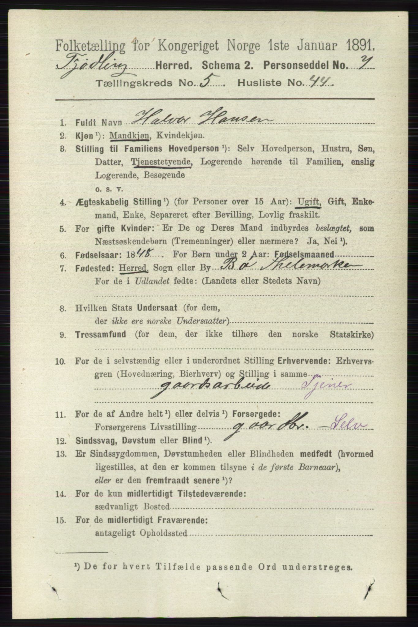 RA, 1891 census for 0725 Tjølling, 1891, p. 2261