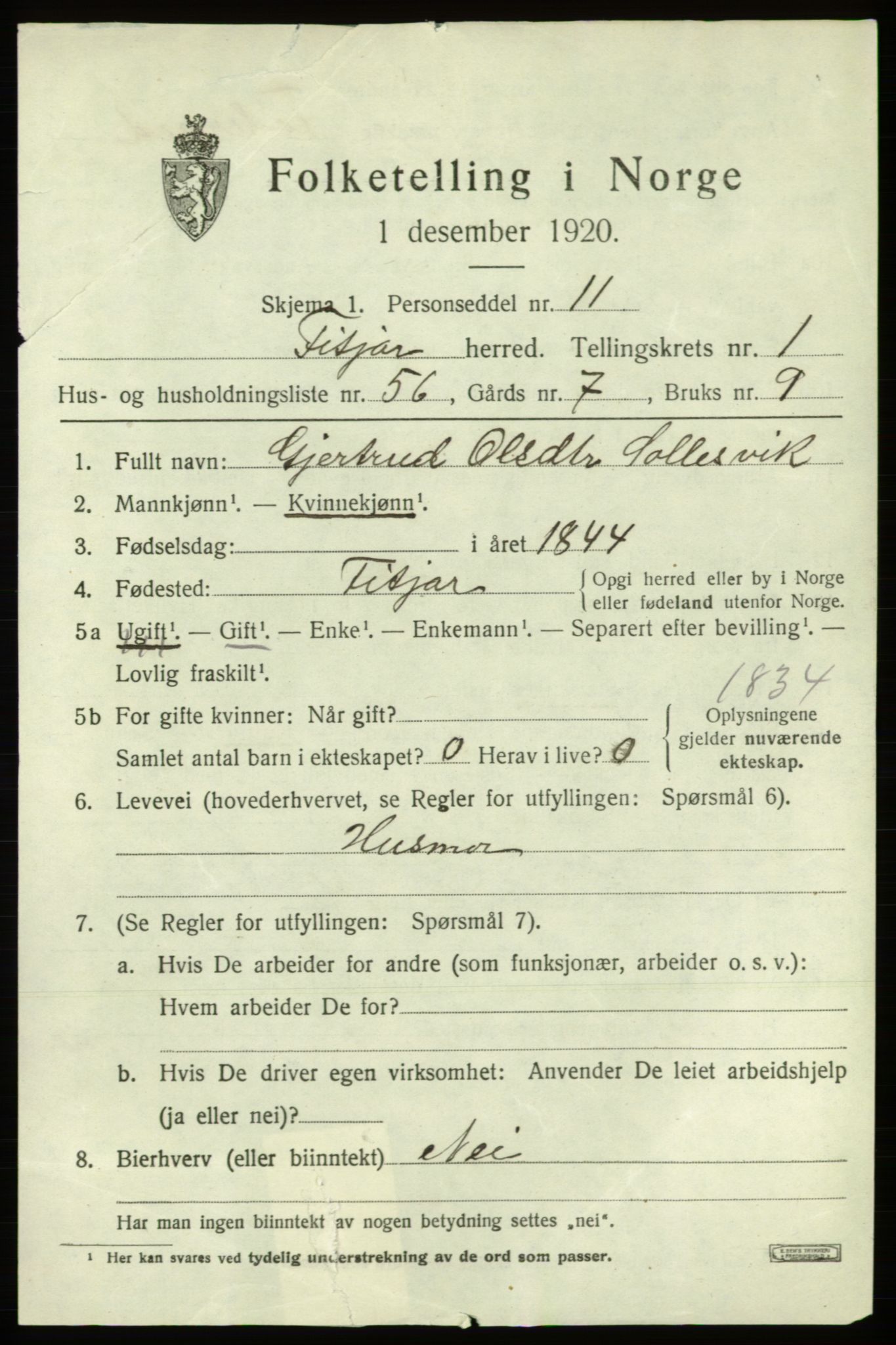 SAB, 1920 census for Fitjar, 1920, p. 1572