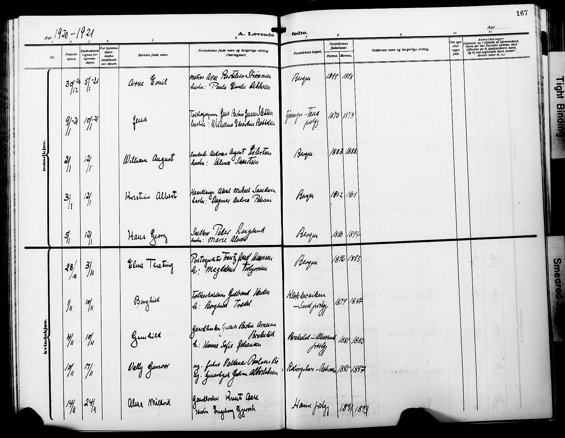 Fødselsstiftelsens sokneprestembete*, SAB/-: Parish register (copy) no. A 3, 1916-1925, p. 167