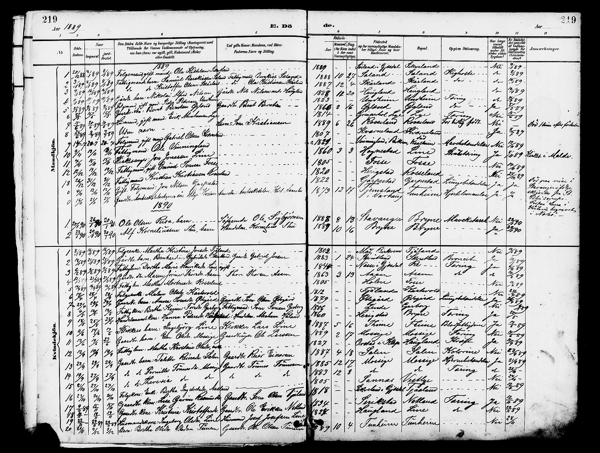 Lye sokneprestkontor, SAST/A-101794/001/30BB/L0007: Parish register (copy) no. B 8, 1889-1909, p. 219