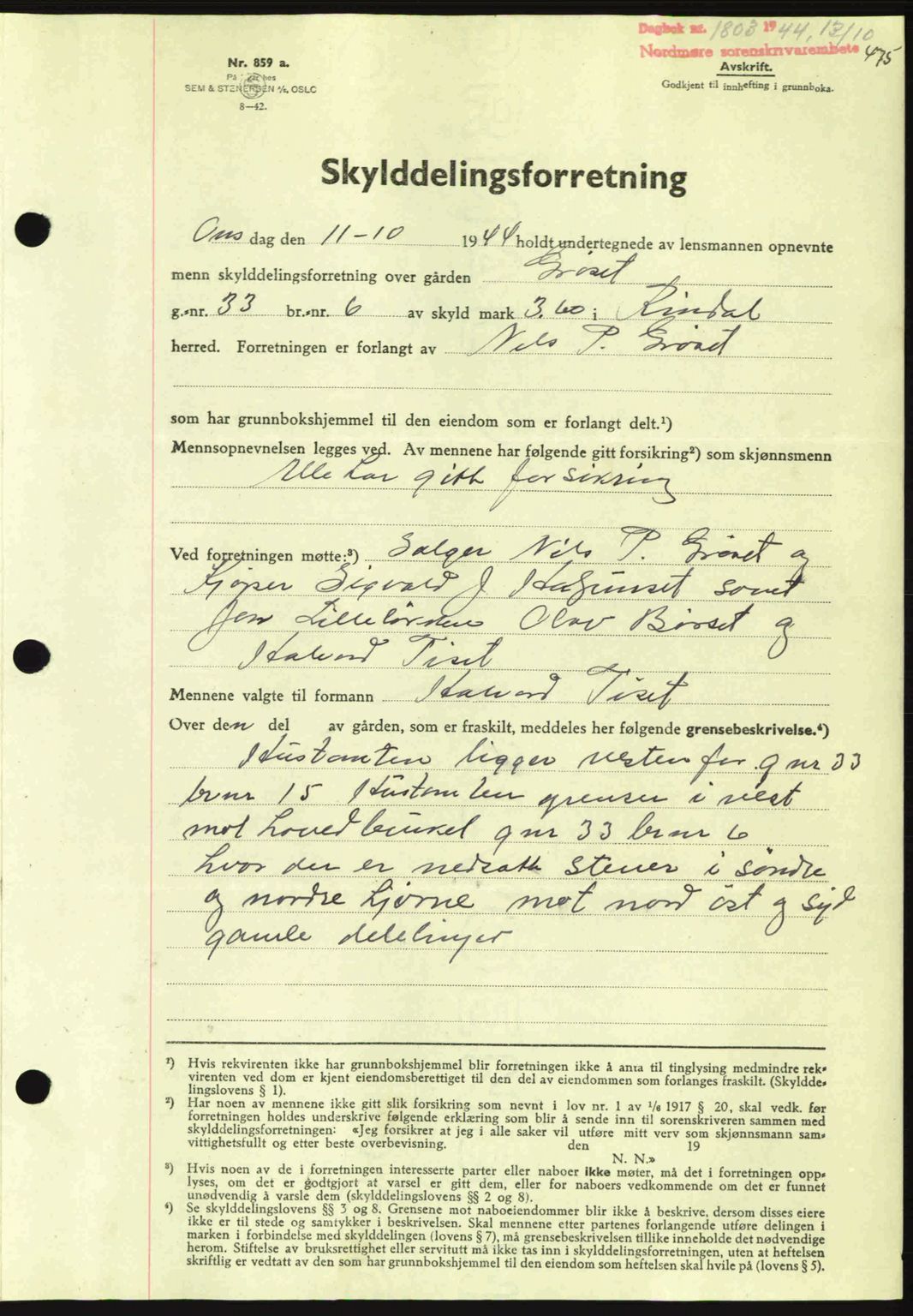 Nordmøre sorenskriveri, AV/SAT-A-4132/1/2/2Ca: Mortgage book no. A98, 1944-1944, Diary no: : 1802/1944