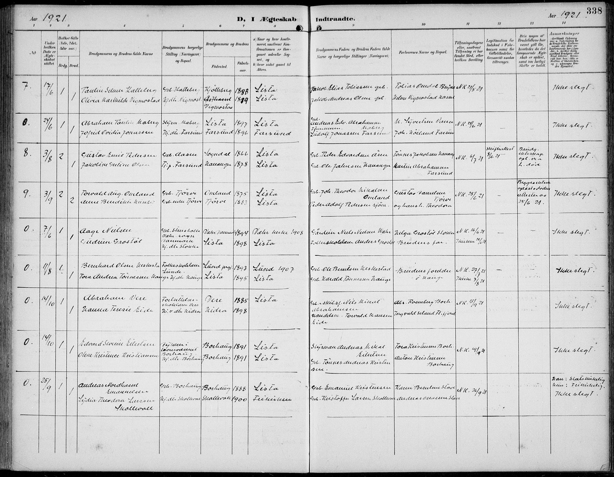 Lista sokneprestkontor, AV/SAK-1111-0027/F/Fb/L0005: Parish register (copy) no. B 5, 1892-1923, p. 338