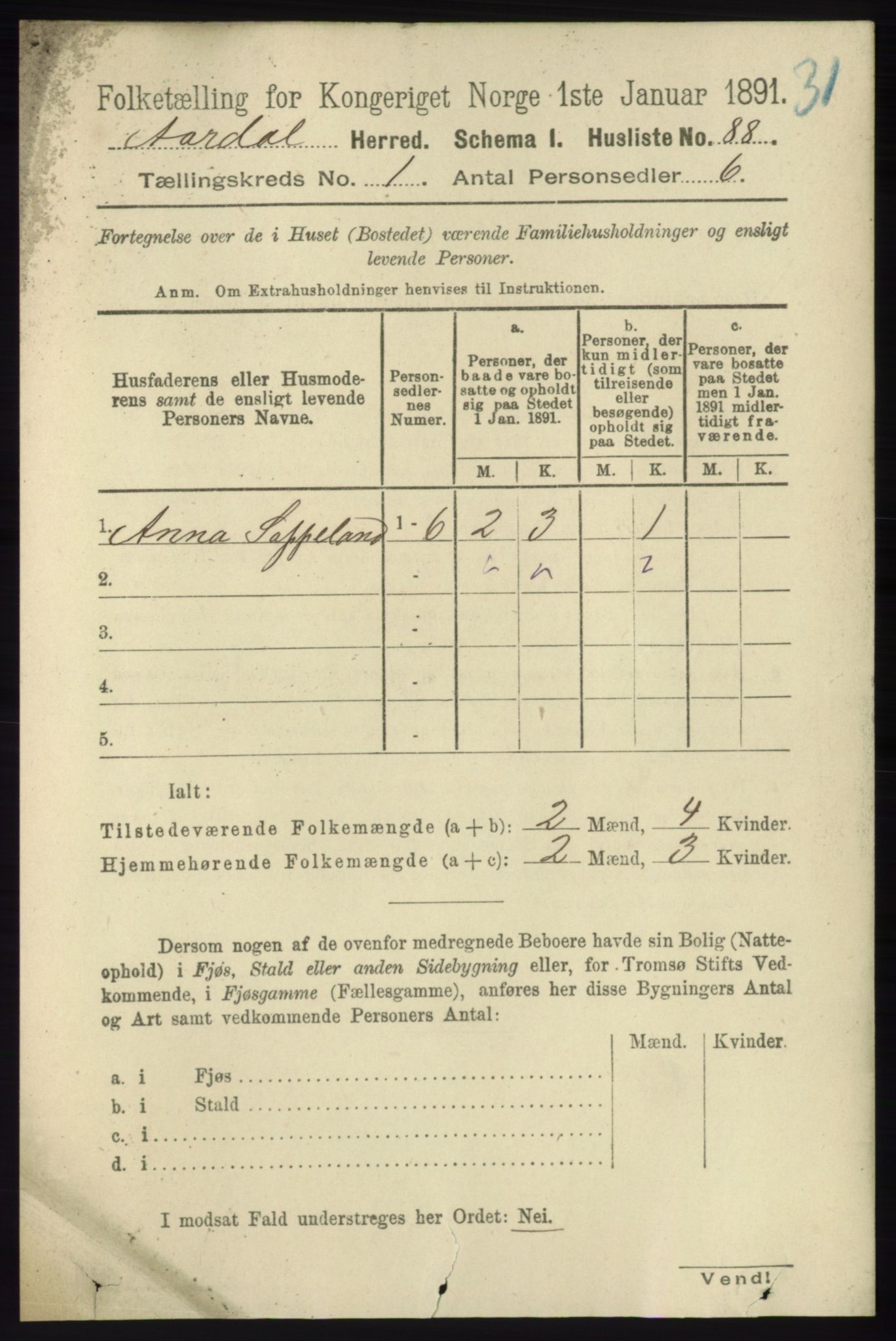 RA, 1891 census for 1131 Årdal, 1891, p. 101