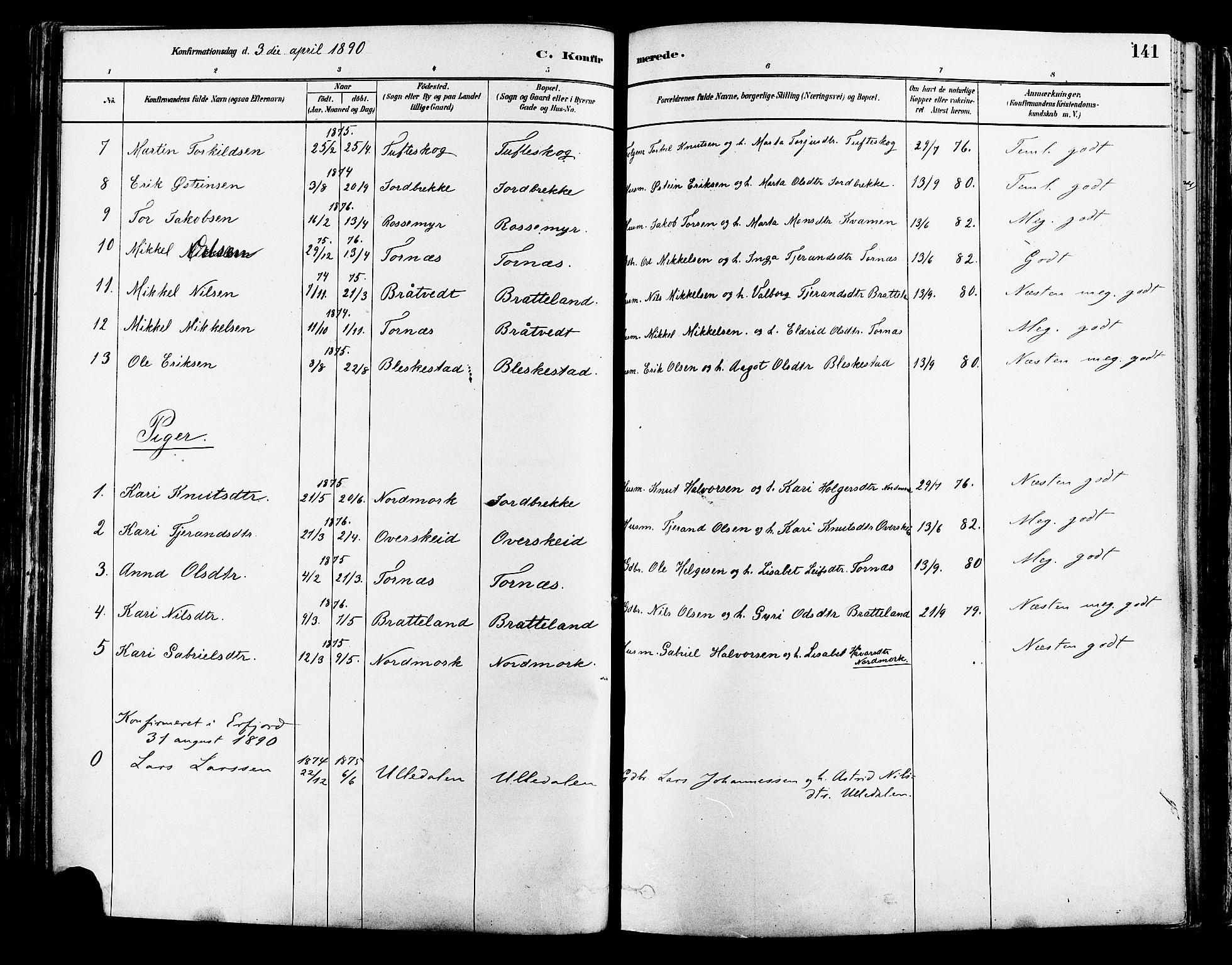 Suldal sokneprestkontor, AV/SAST-A-101845/01/IV/L0011: Parish register (official) no. A 11, 1878-1900, p. 141