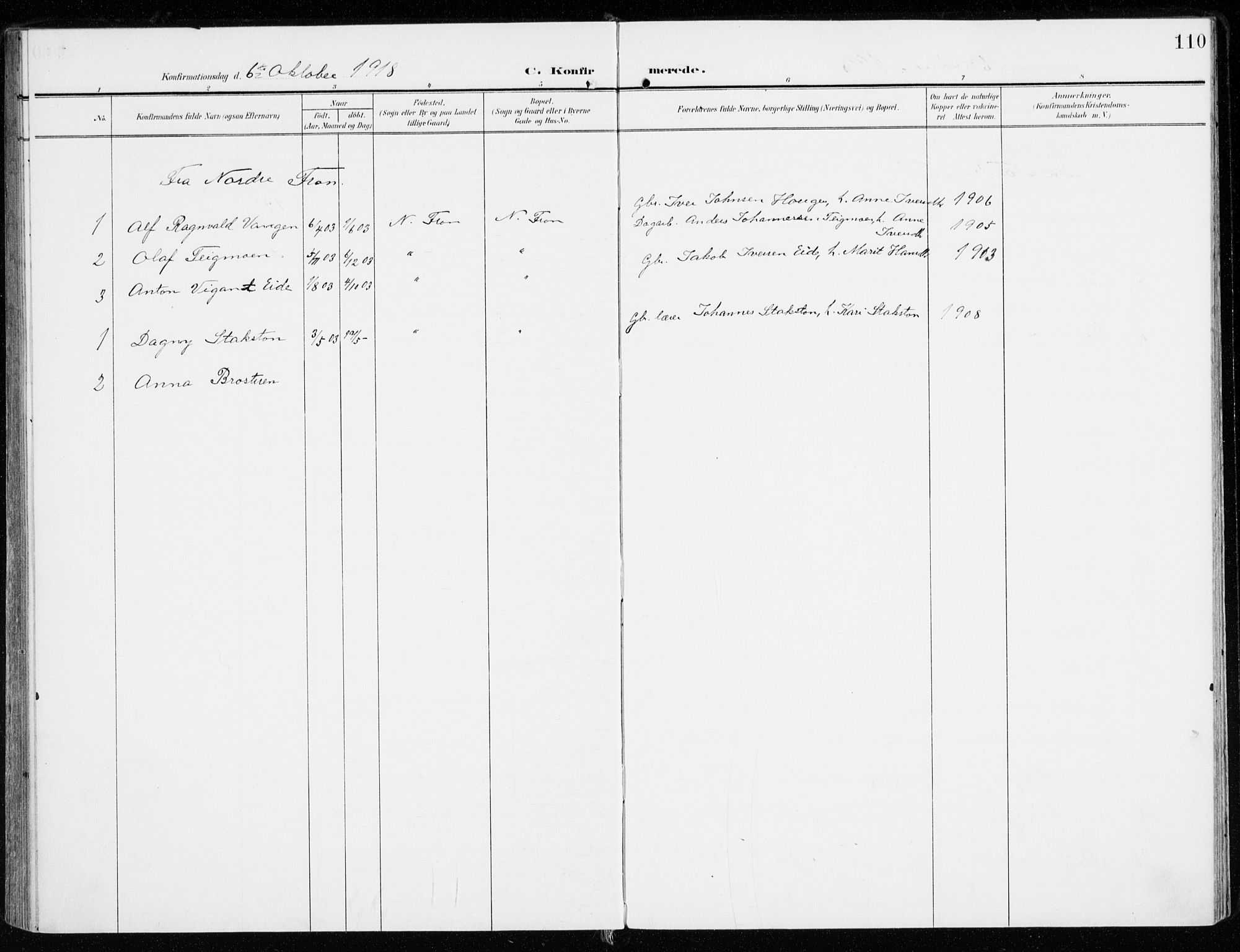 Sel prestekontor, SAH/PREST-074/H/Ha/Haa/L0002: Parish register (official) no. 2, 1905-1919, p. 110