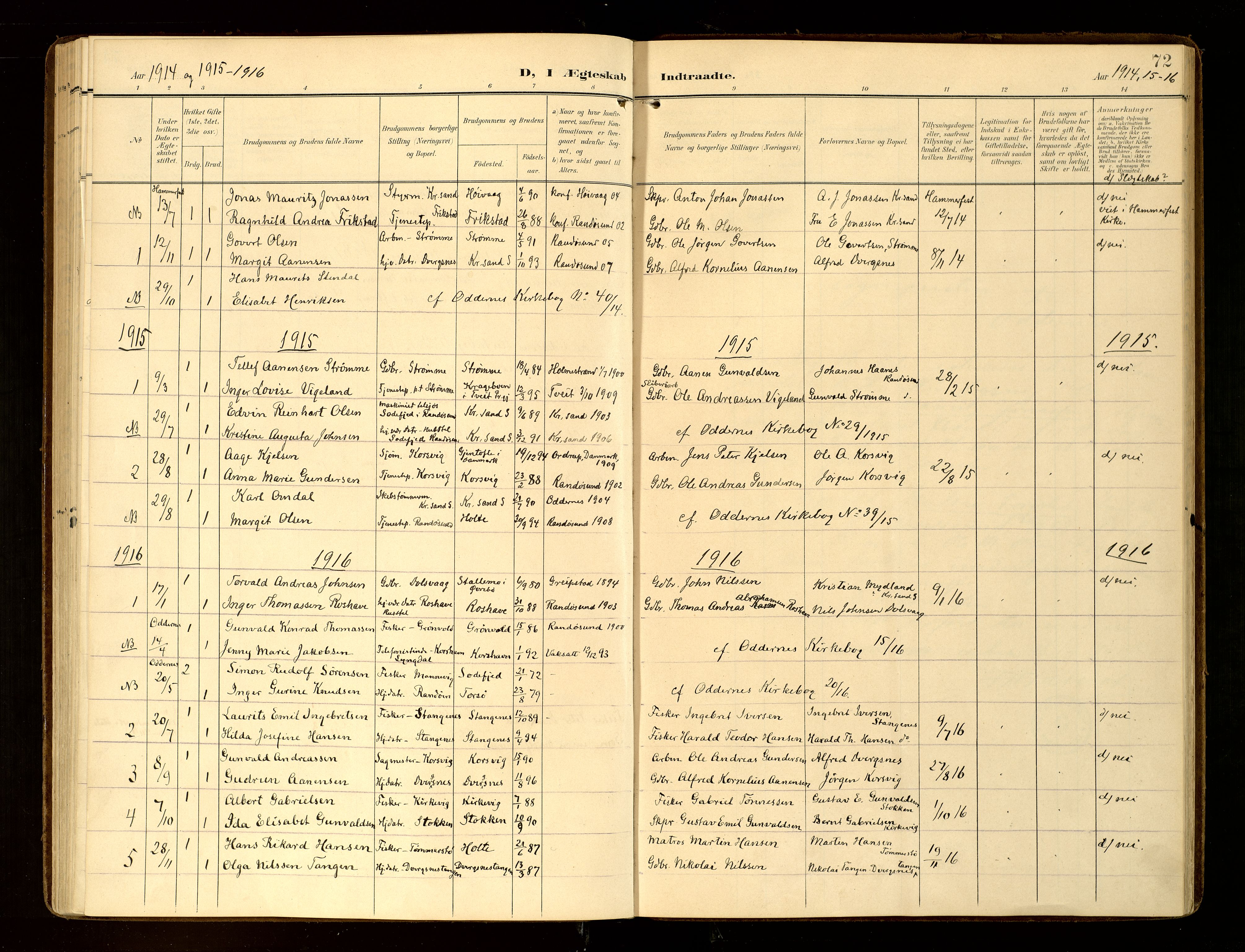 Oddernes sokneprestkontor, AV/SAK-1111-0033/F/Fa/Fab/L0003: Parish register (official) no. A 3, 1903-1916, p. 72