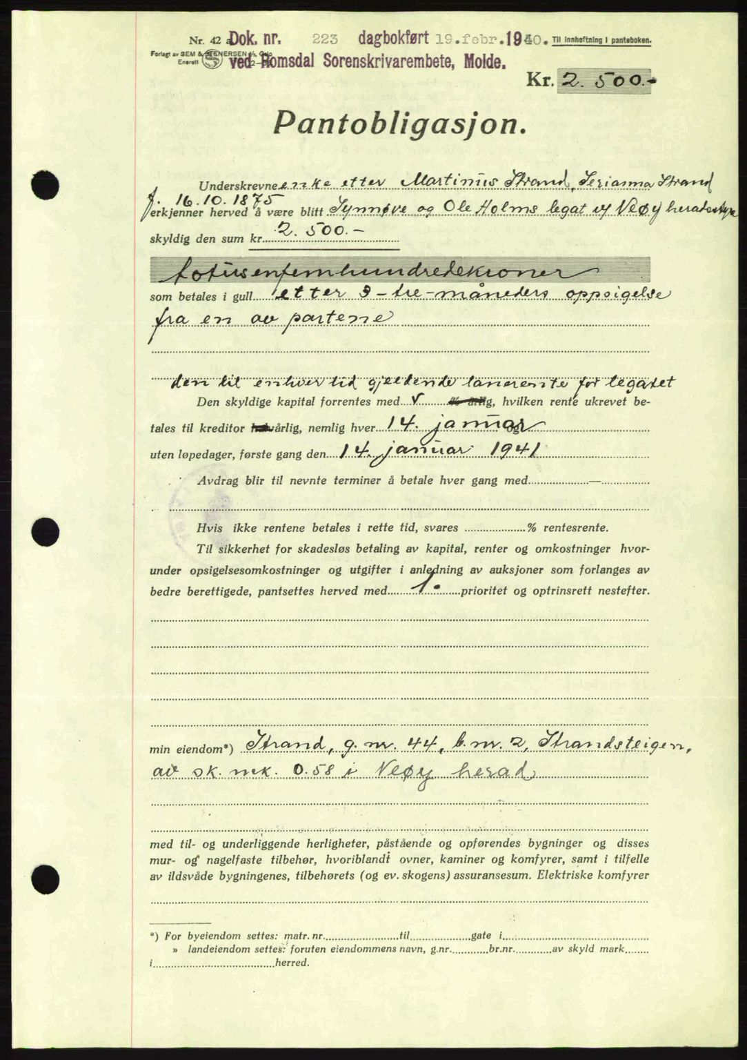 Romsdal sorenskriveri, AV/SAT-A-4149/1/2/2C: Mortgage book no. B2, 1939-1945, Diary no: : 223/1940