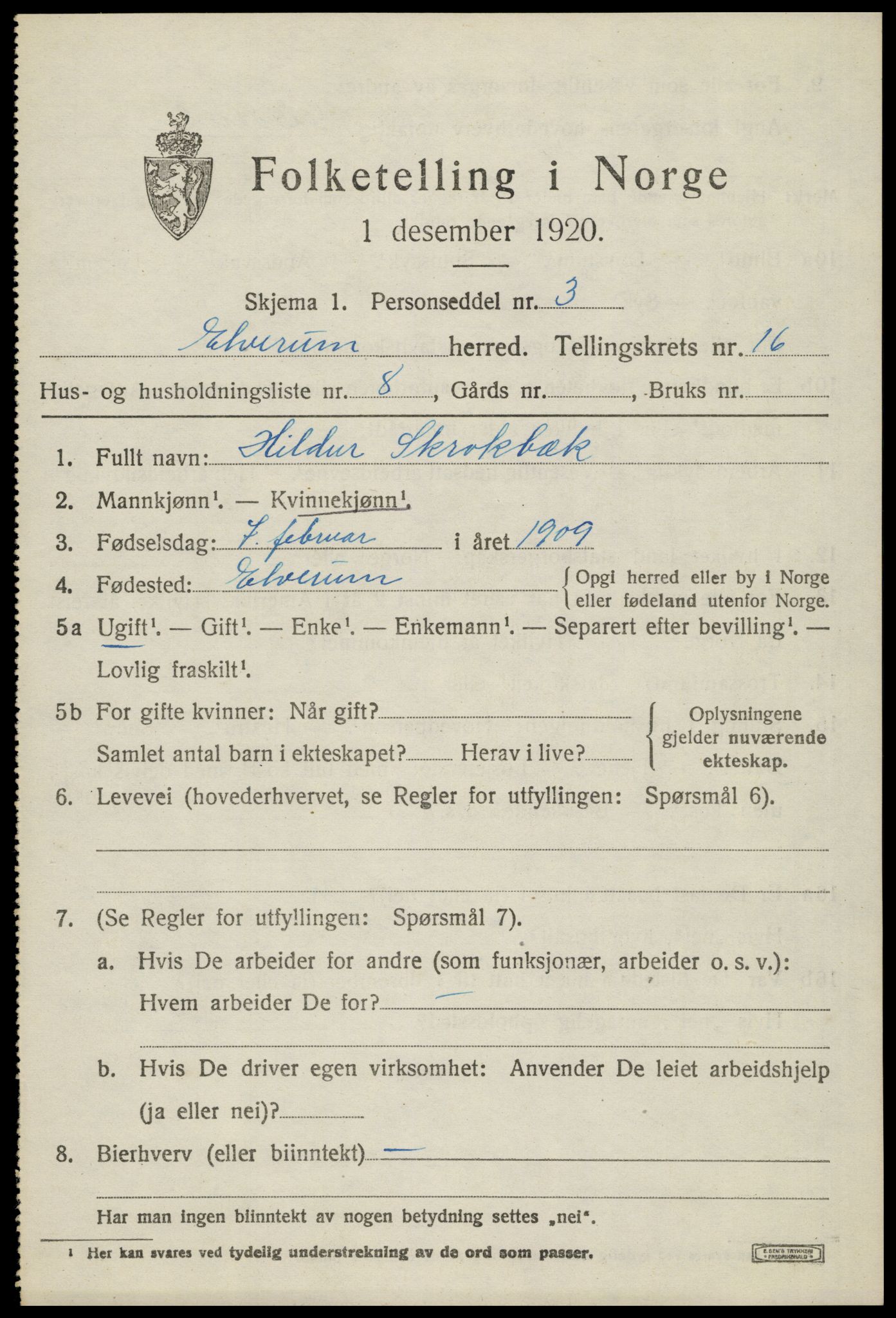 SAH, 1920 census for Elverum, 1920, p. 20878