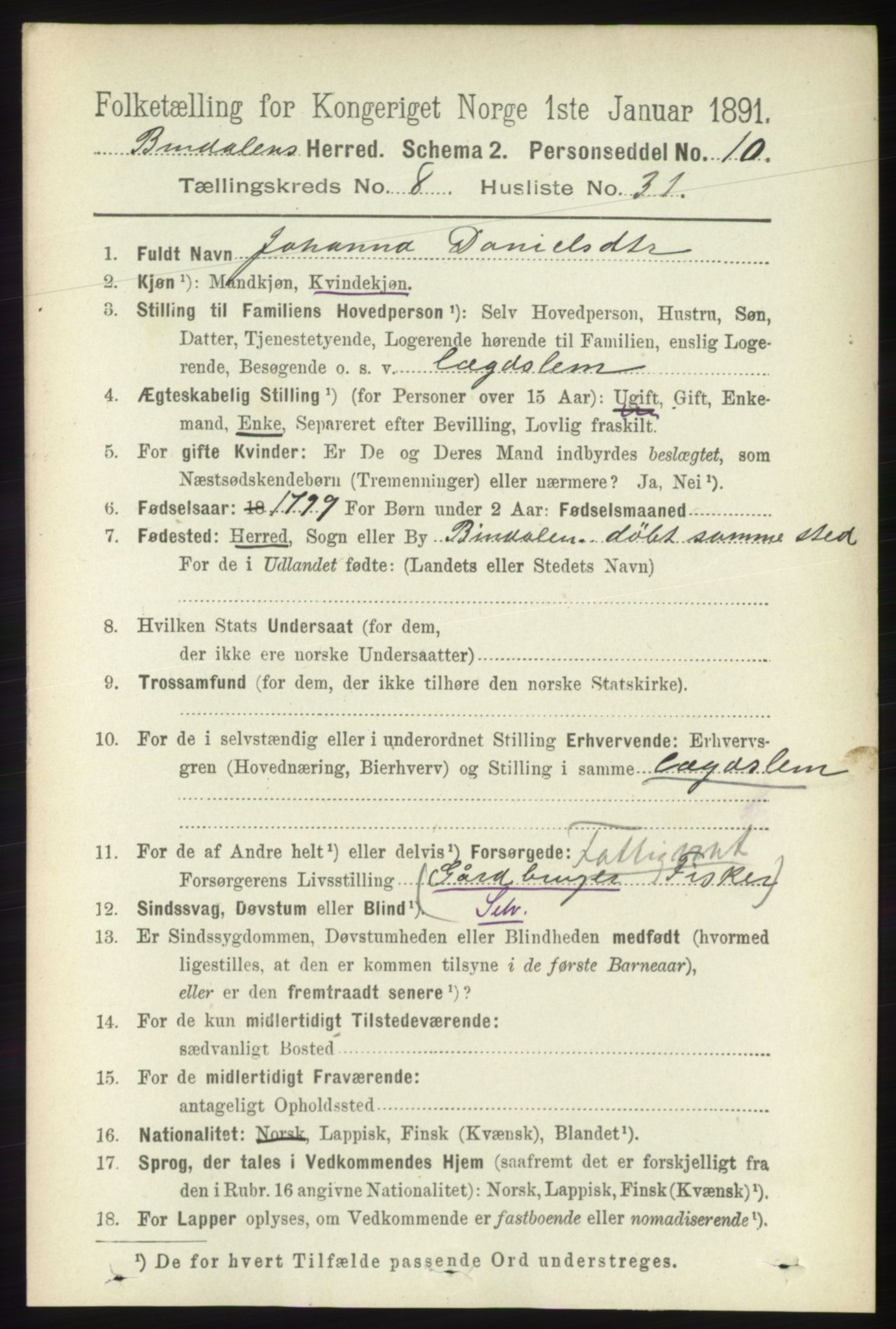 RA, 1891 census for 1811 Bindal, 1891, p. 2800