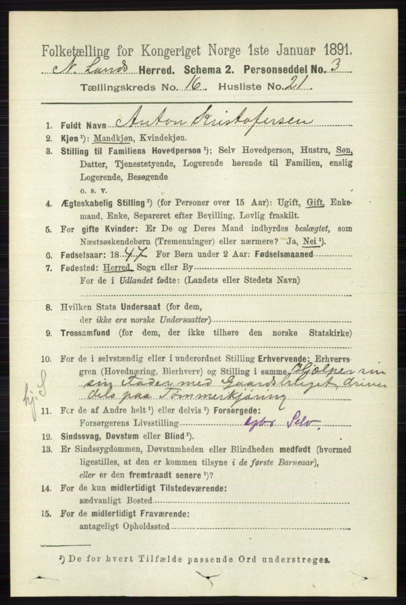 RA, 1891 census for 0538 Nordre Land, 1891, p. 4255