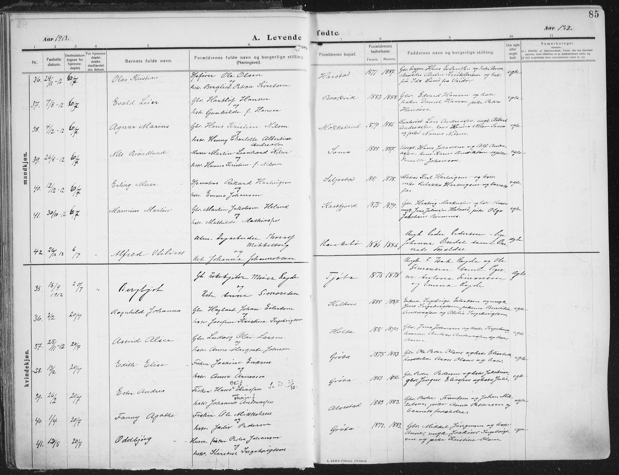 Trondenes sokneprestkontor, AV/SATØ-S-1319/H/Ha/L0018kirke: Parish register (official) no. 18, 1909-1918, p. 85