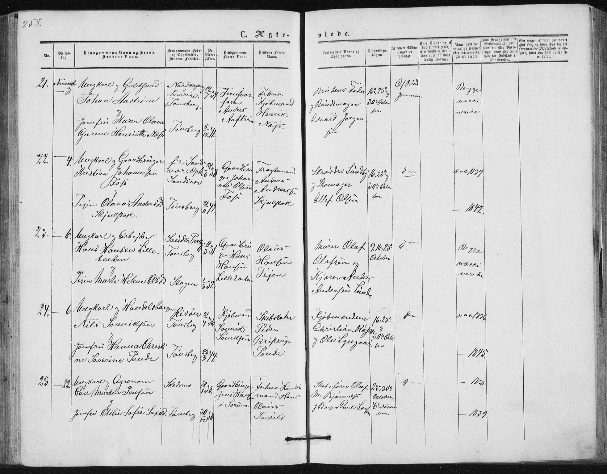 Tønsberg kirkebøker, AV/SAKO-A-330/F/Fa/L0008: Parish register (official) no. I 8, 1855-1864, p. 258