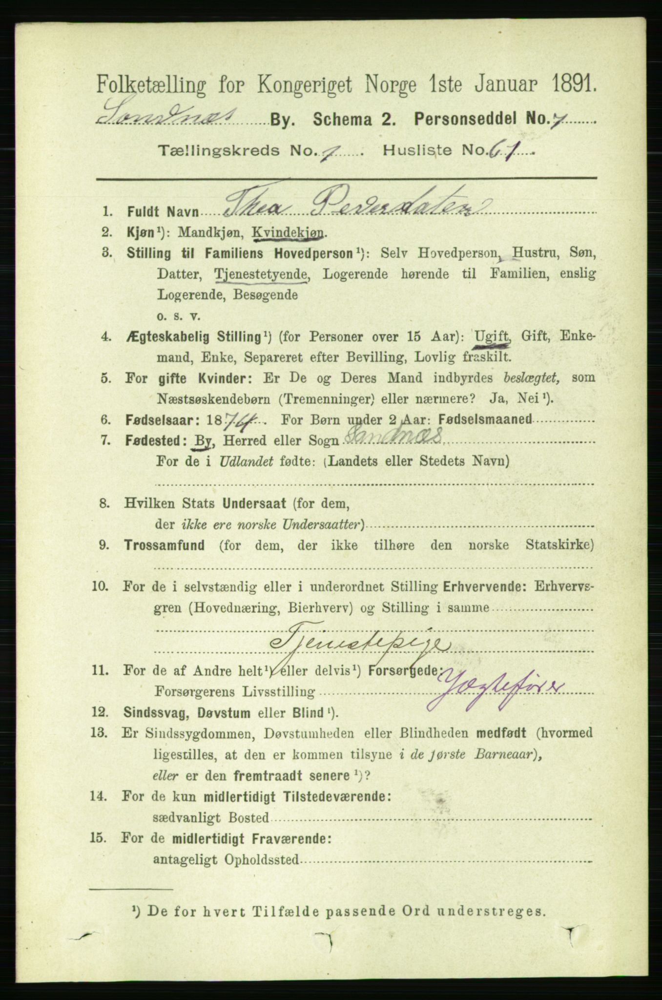 RA, 1891 census for 1102 Sandnes, 1891, p. 927