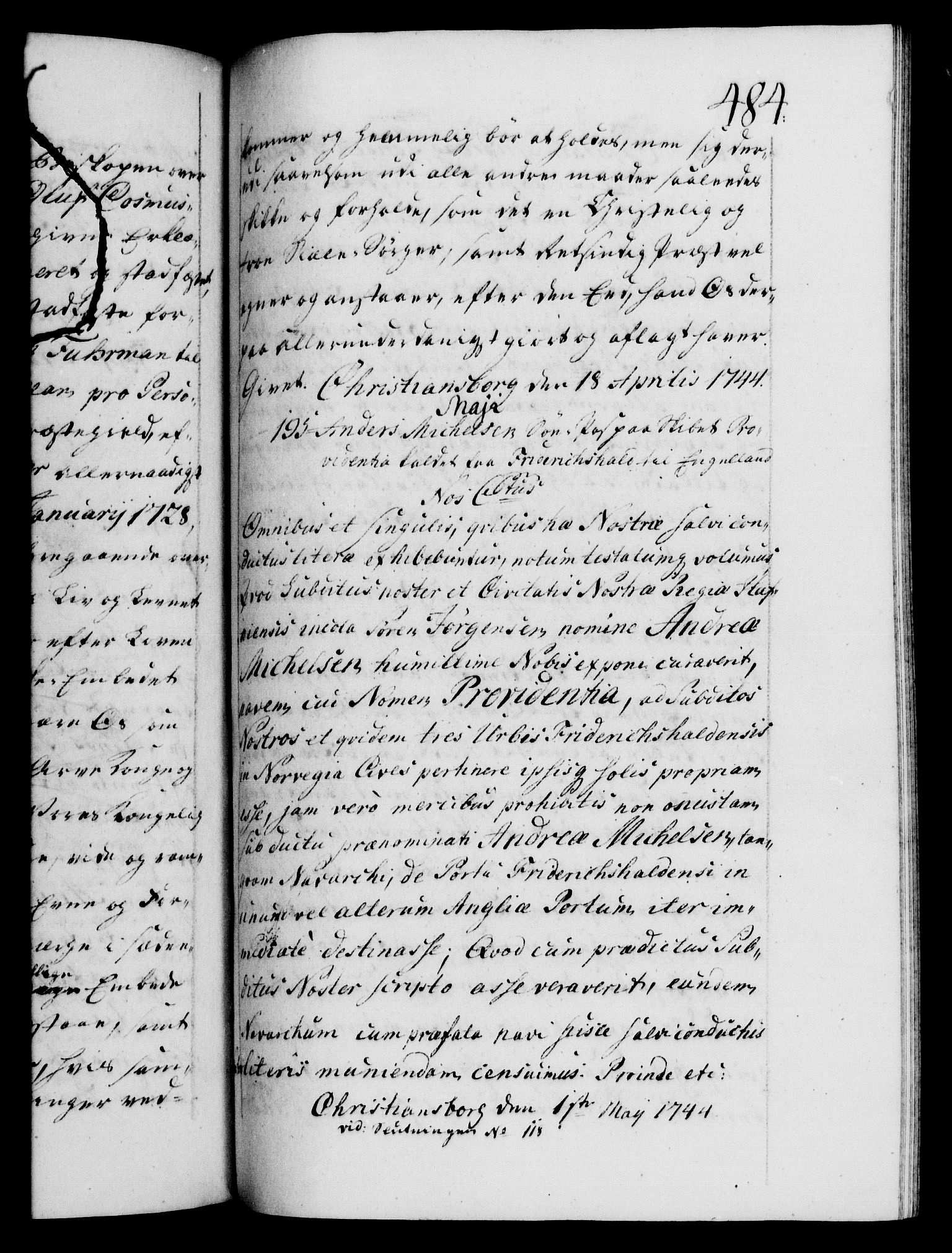 Danske Kanselli 1572-1799, AV/RA-EA-3023/F/Fc/Fca/Fcaa/L0033: Norske registre, 1743-1744, p. 484a