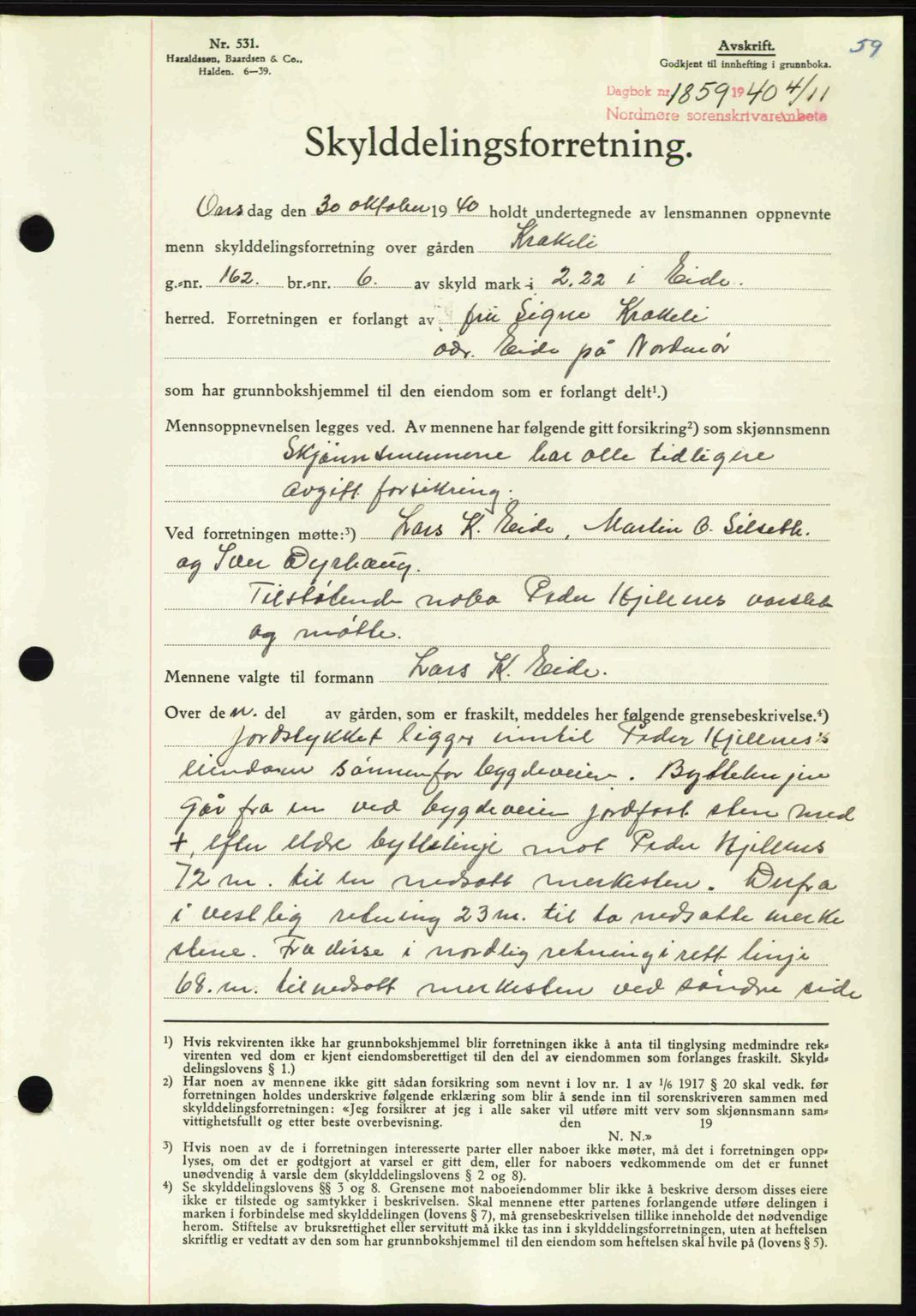 Nordmøre sorenskriveri, SAT/A-4132/1/2/2Ca: Mortgage book no. A89, 1940-1941, Diary no: : 1859/1940