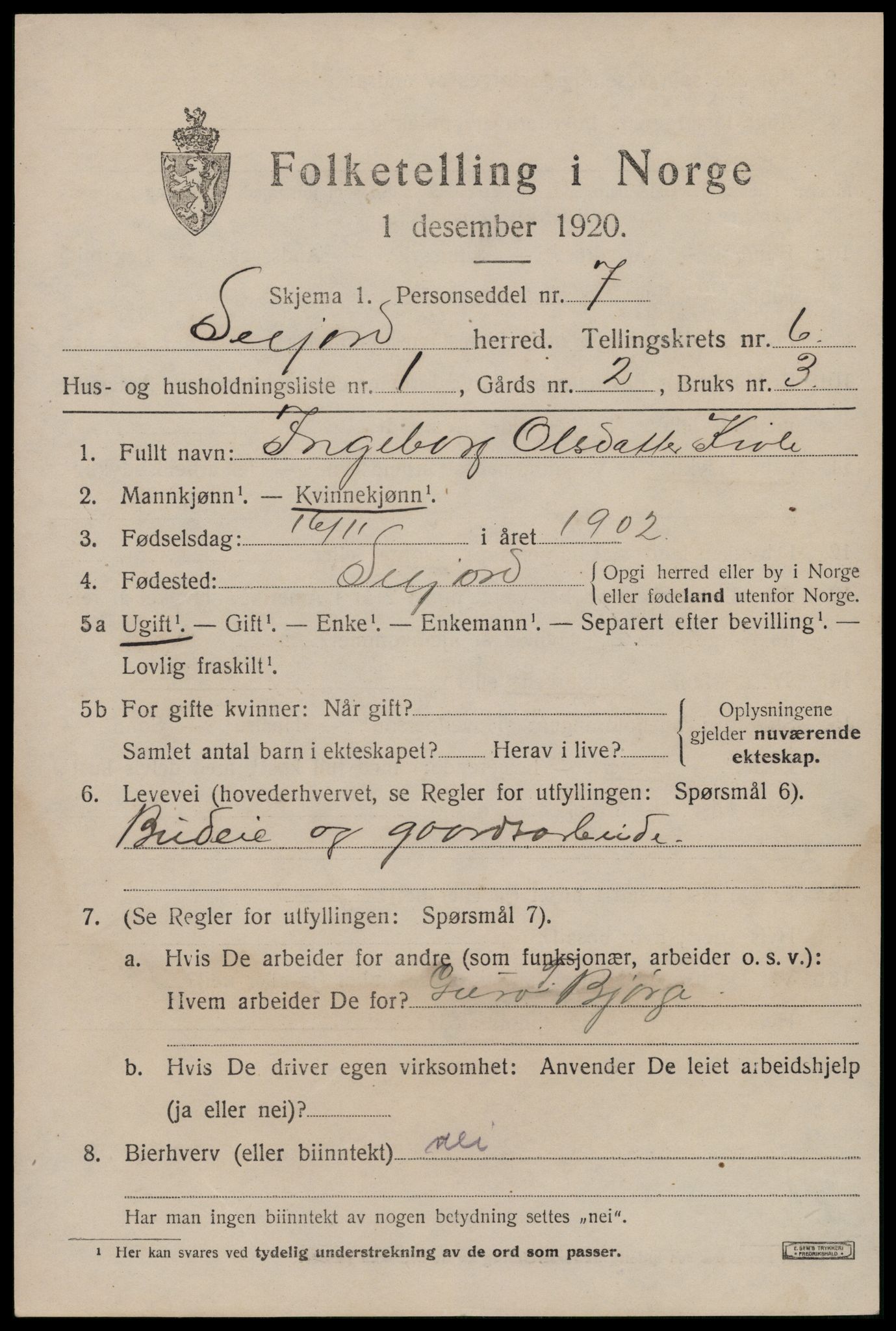 SAKO, 1920 census for Seljord, 1920, p. 2770