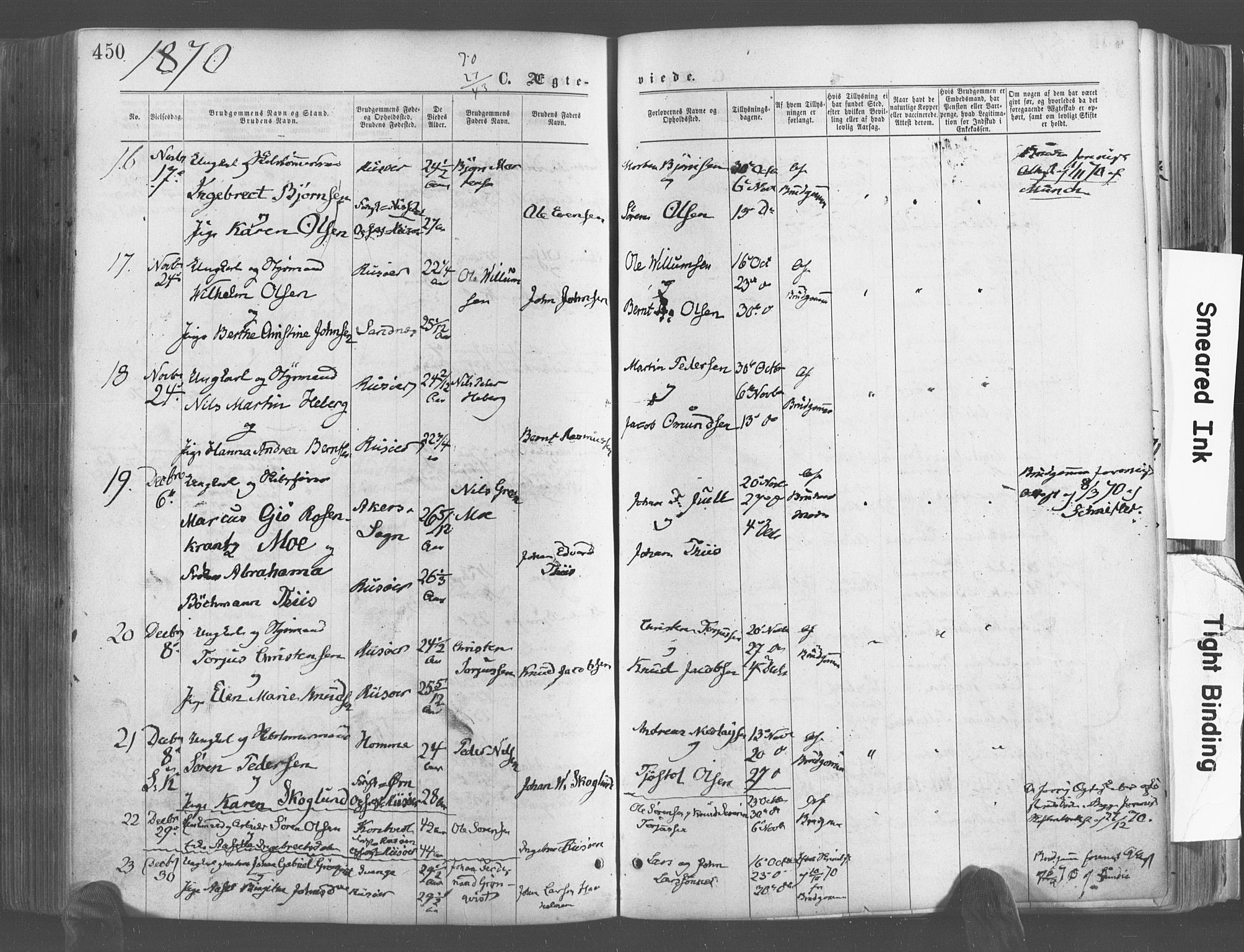 Risør sokneprestkontor, SAK/1111-0035/F/Fa/L0004: Parish register (official) no. A 4, 1865-1882, p. 450