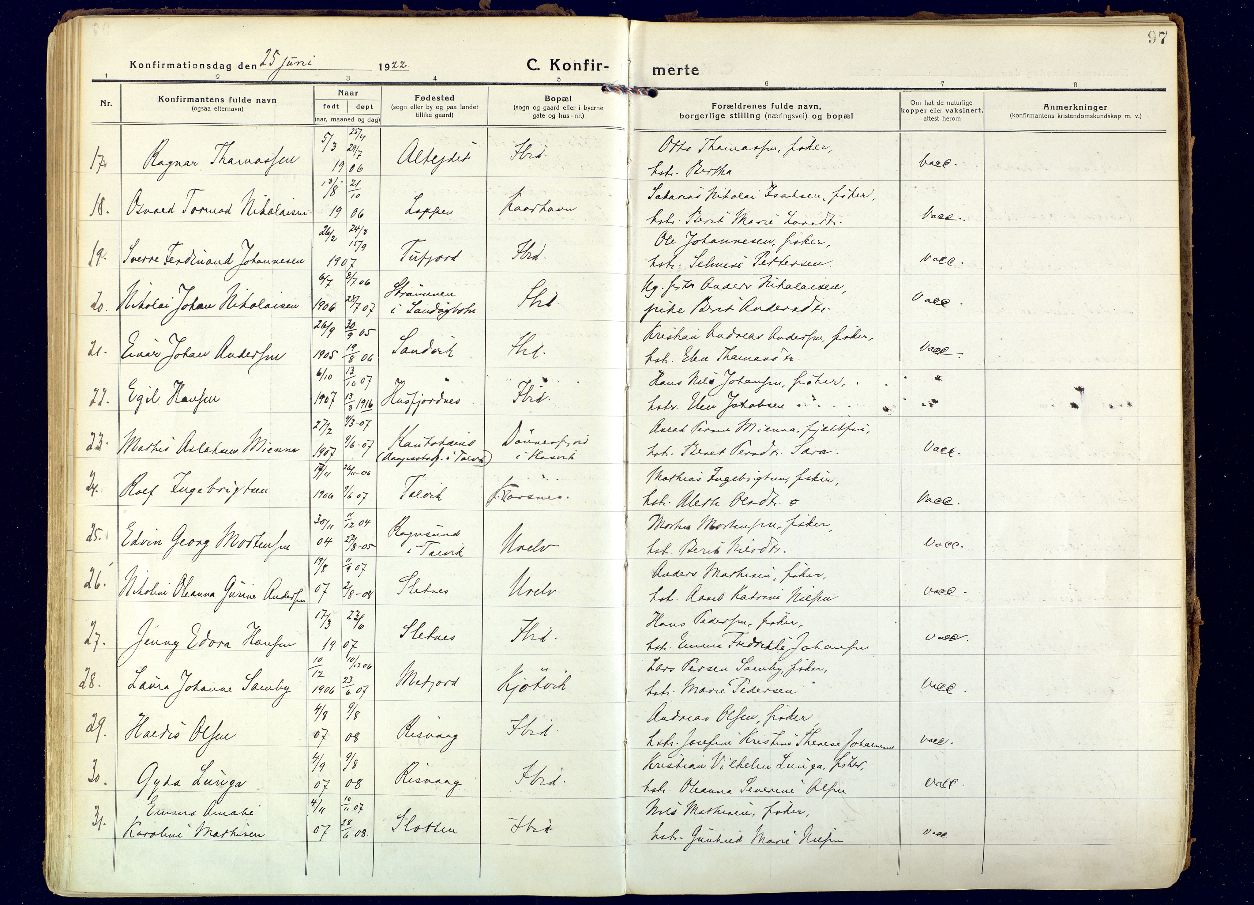 Hammerfest sokneprestkontor, AV/SATØ-S-1347/H/Ha/L0018.kirke: Parish register (official) no. 18, 1918-1933, p. 97