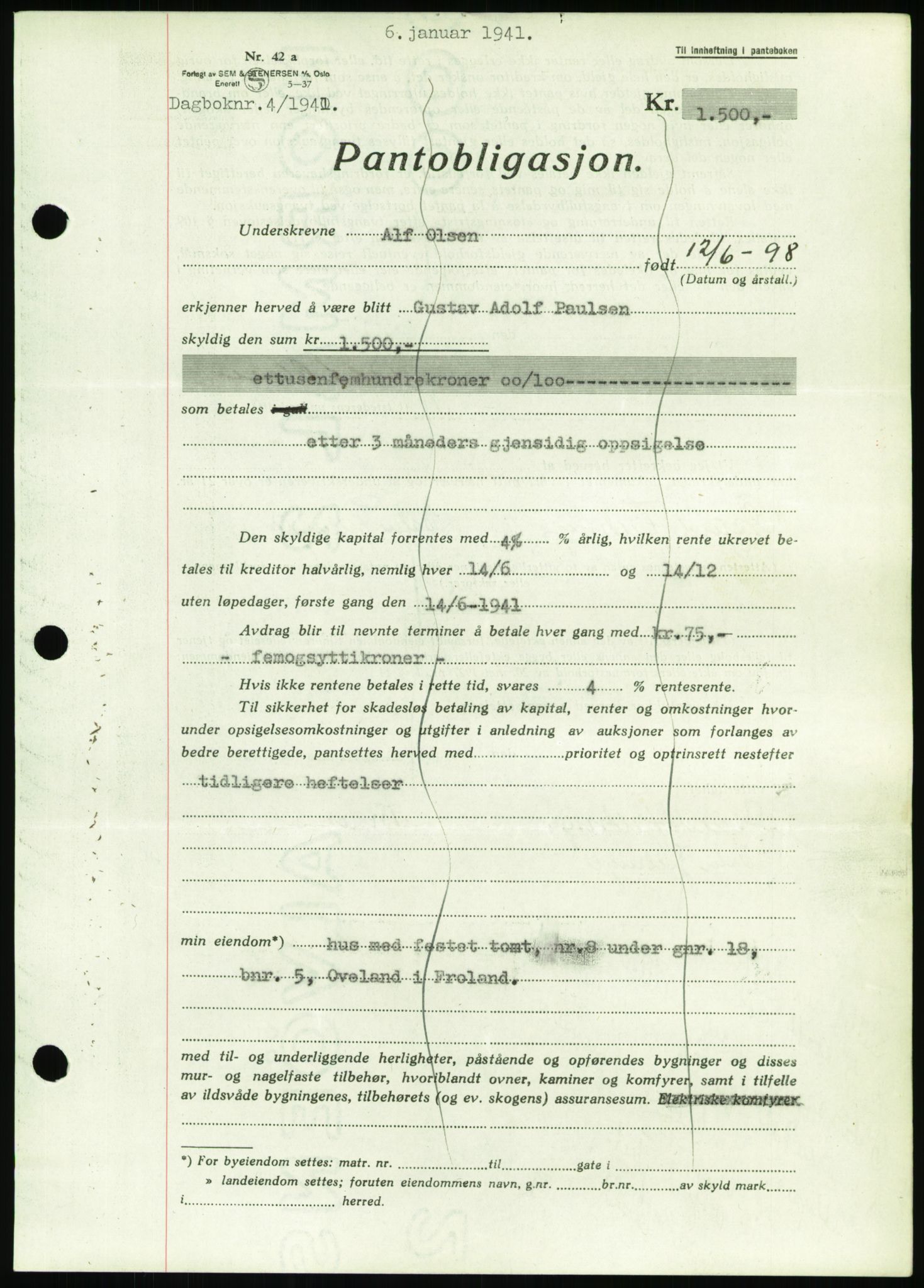 Nedenes sorenskriveri, SAK/1221-0006/G/Gb/Gbb/L0001: Mortgage book no. I, 1939-1942, Diary no: : 4/1941