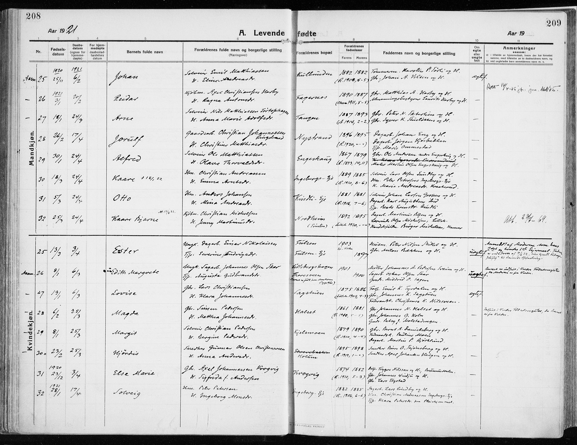 Ringsaker prestekontor, AV/SAH-PREST-014/K/Ka/L0020: Parish register (official) no. 20, 1913-1922, p. 208-209