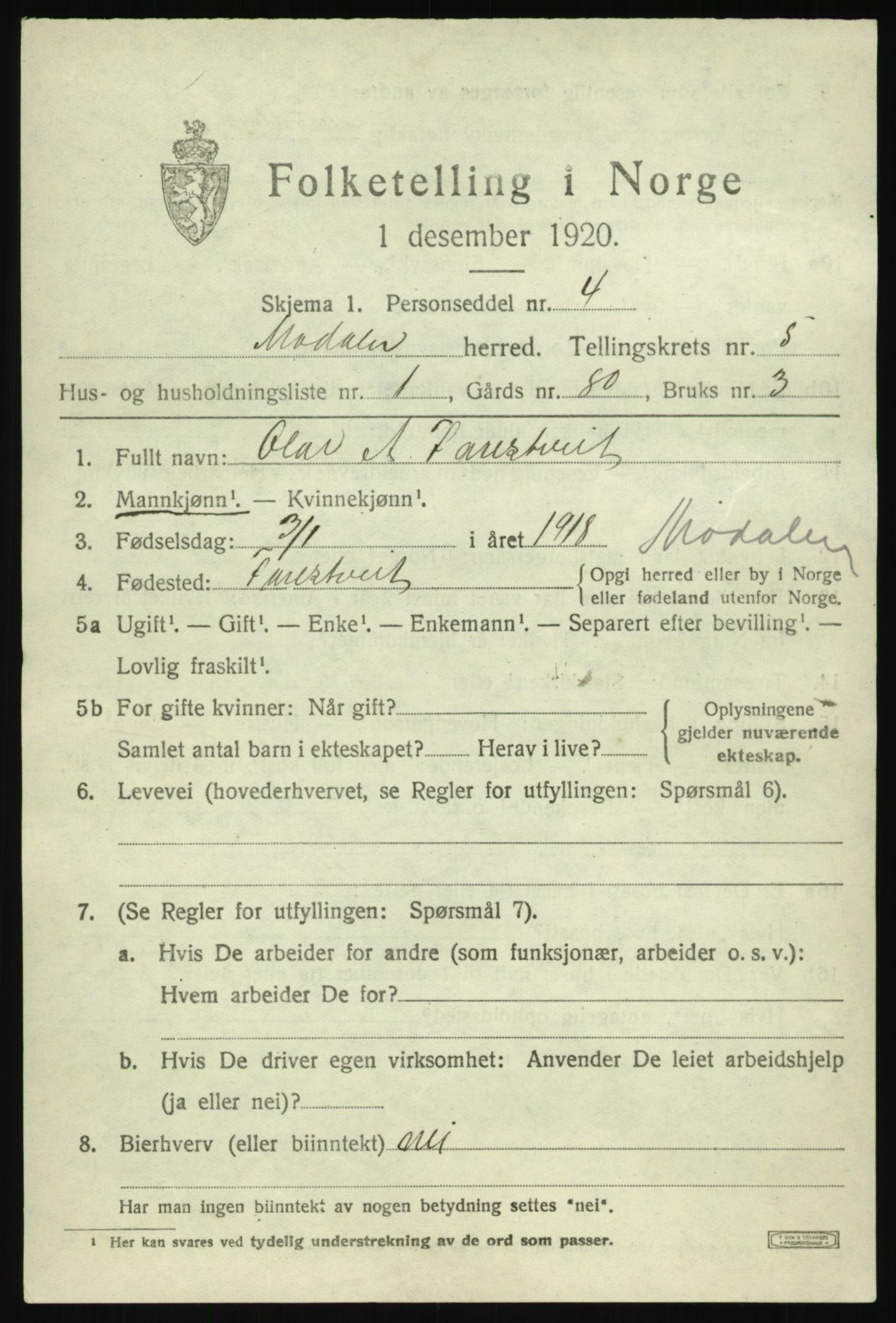 SAB, 1920 census for Modalen, 1920, p. 960