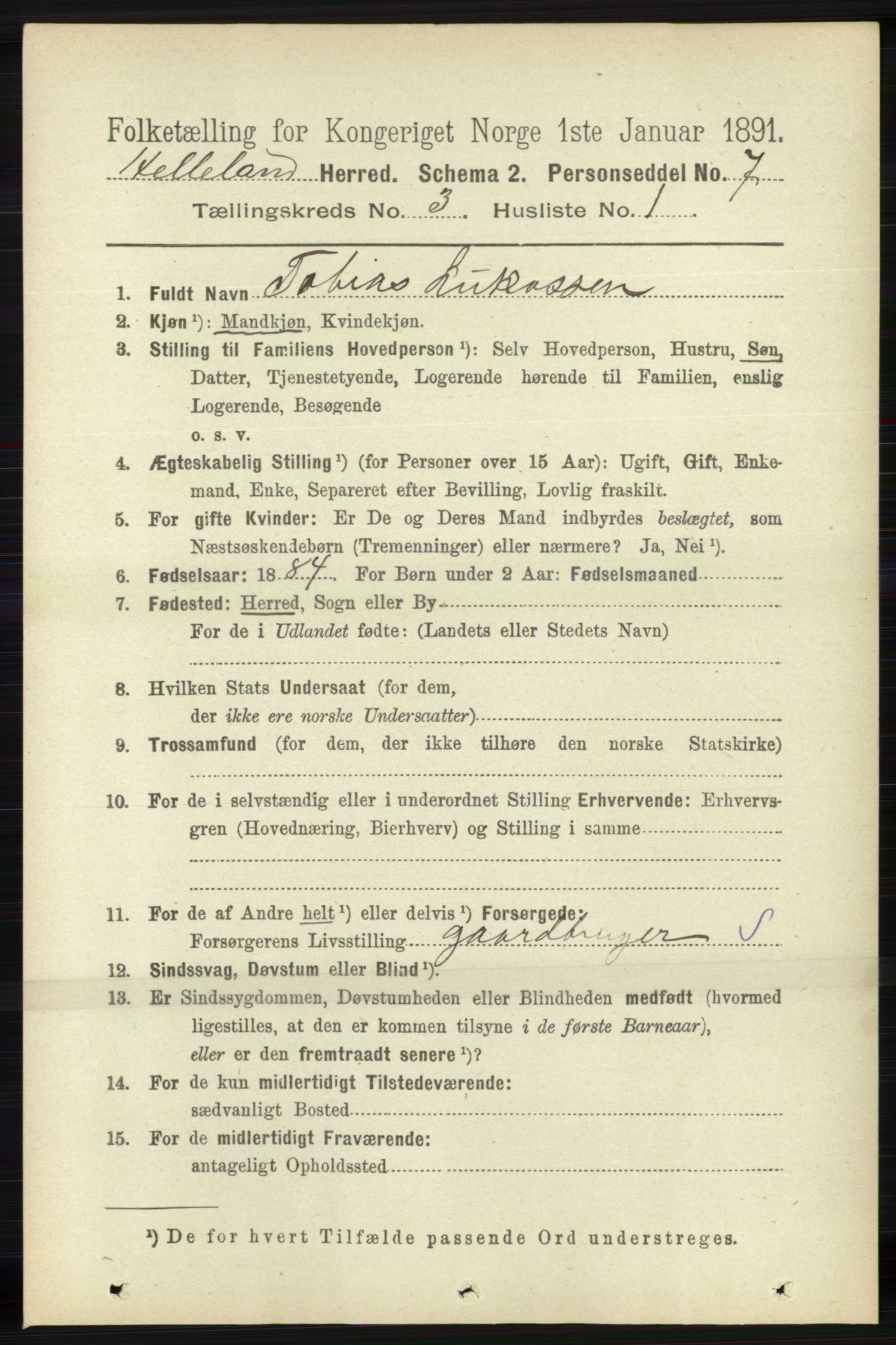 RA, 1891 census for 1115 Helleland, 1891, p. 845