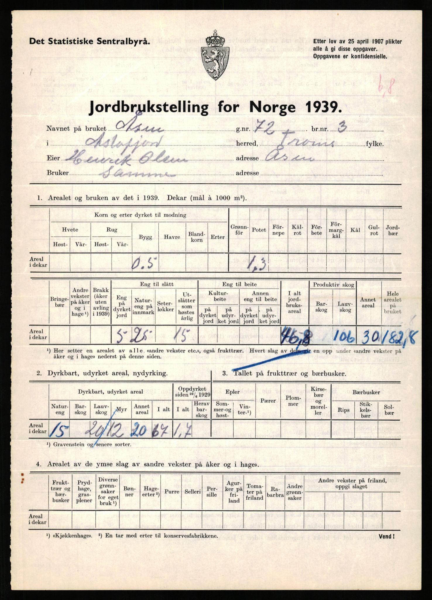 Statistisk sentralbyrå, Næringsøkonomiske emner, Jordbruk, skogbruk, jakt, fiske og fangst, AV/RA-S-2234/G/Gb/L0339: Troms: Andørja, Astafjord og Lavangen, 1939, p. 292