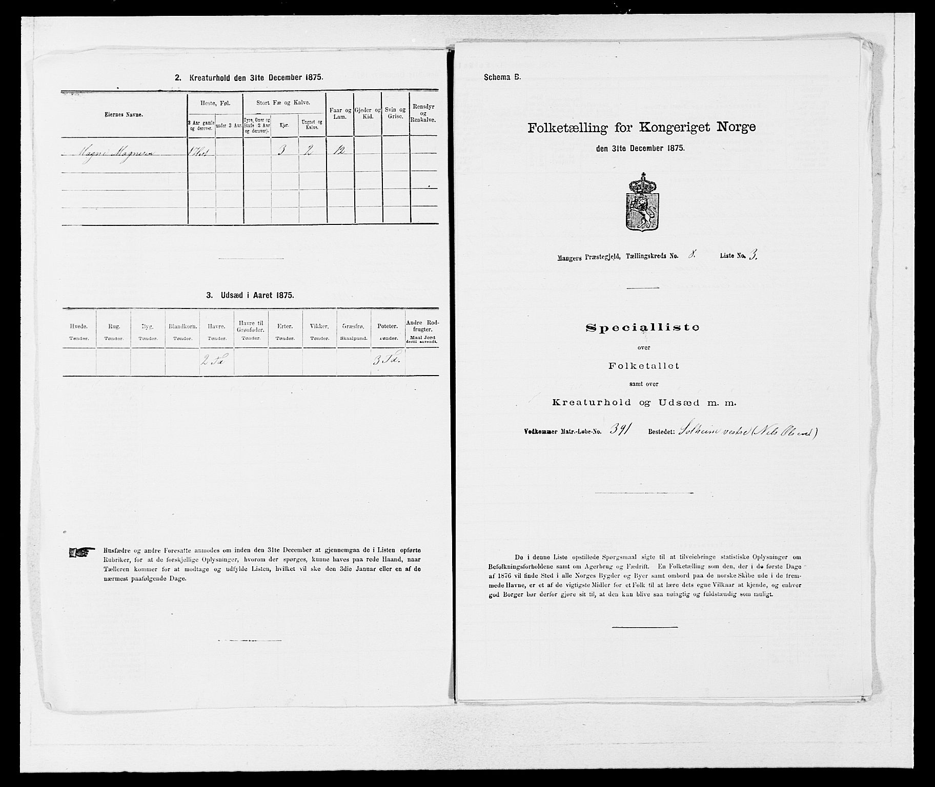 SAB, 1875 census for 1261P Manger, 1875, p. 1160