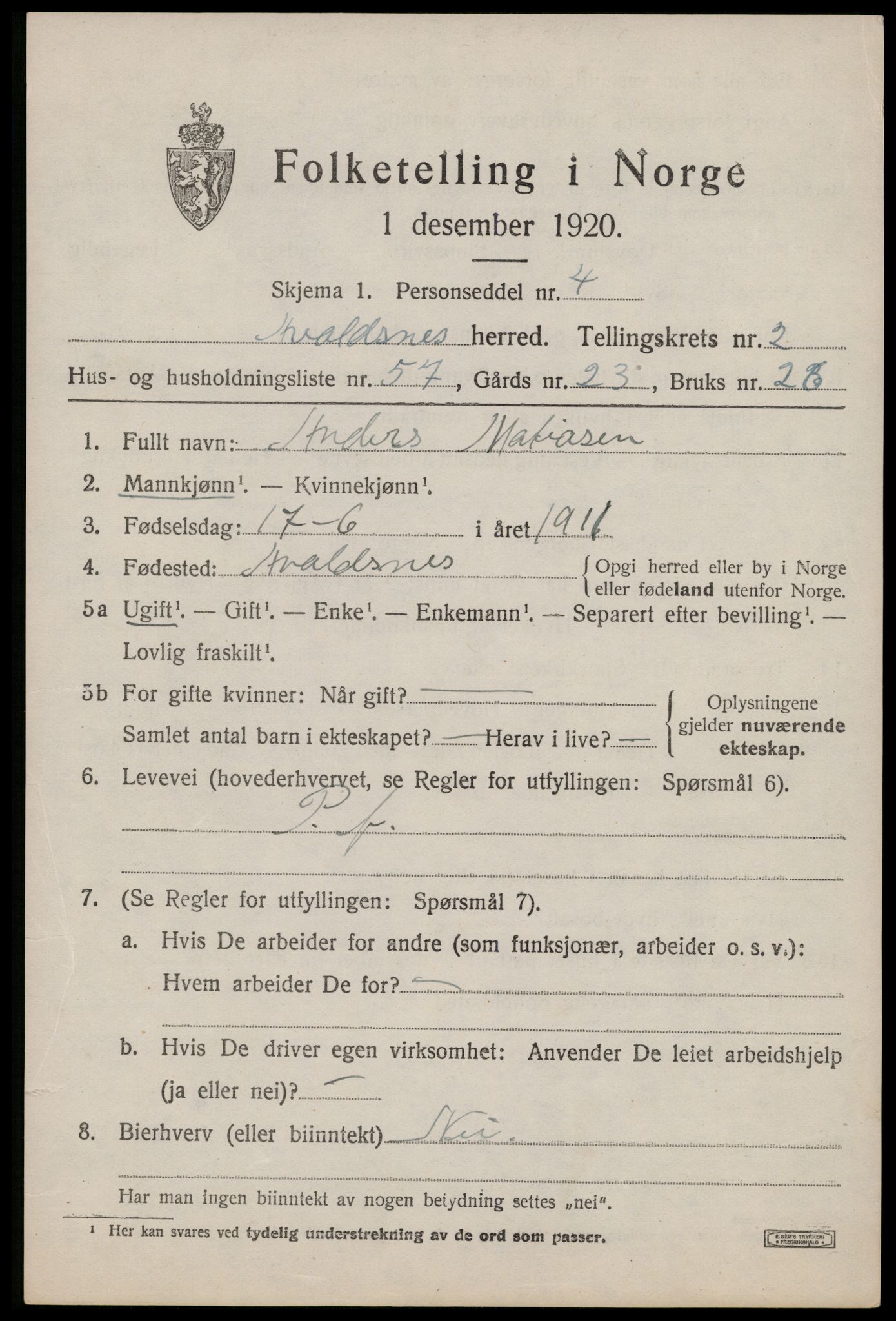 SAST, 1920 census for Avaldsnes, 1920, p. 2541