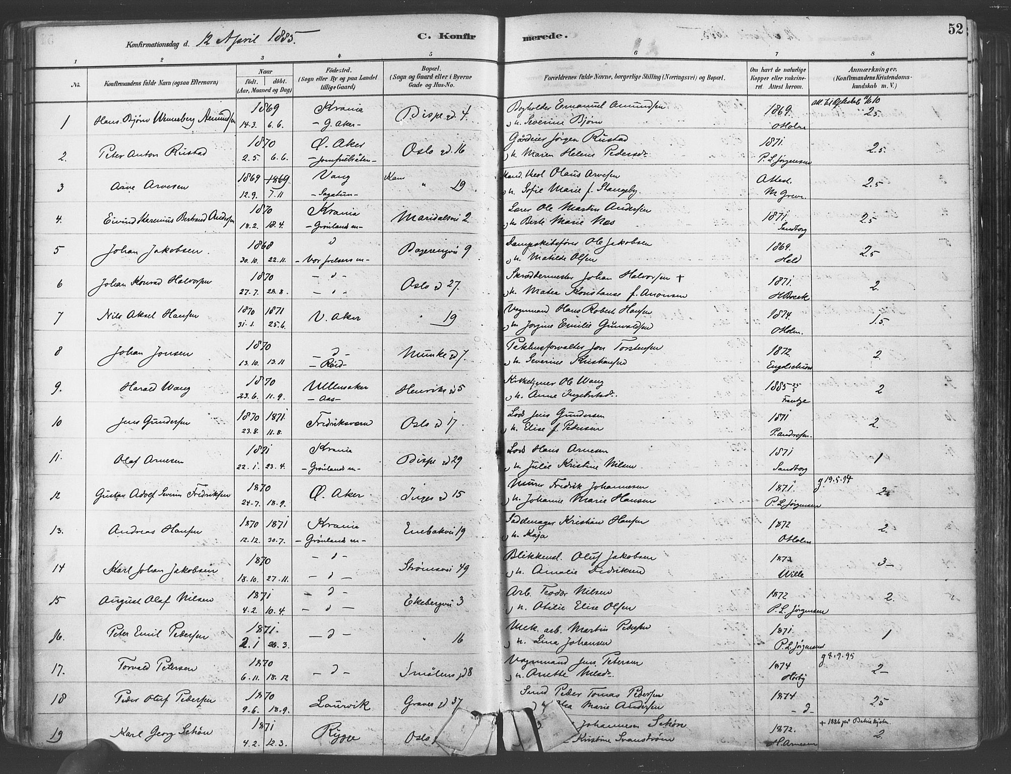 Gamlebyen prestekontor Kirkebøker, SAO/A-10884/F/Fa/L0006: Parish register (official) no. 6, 1881-1890, p. 52