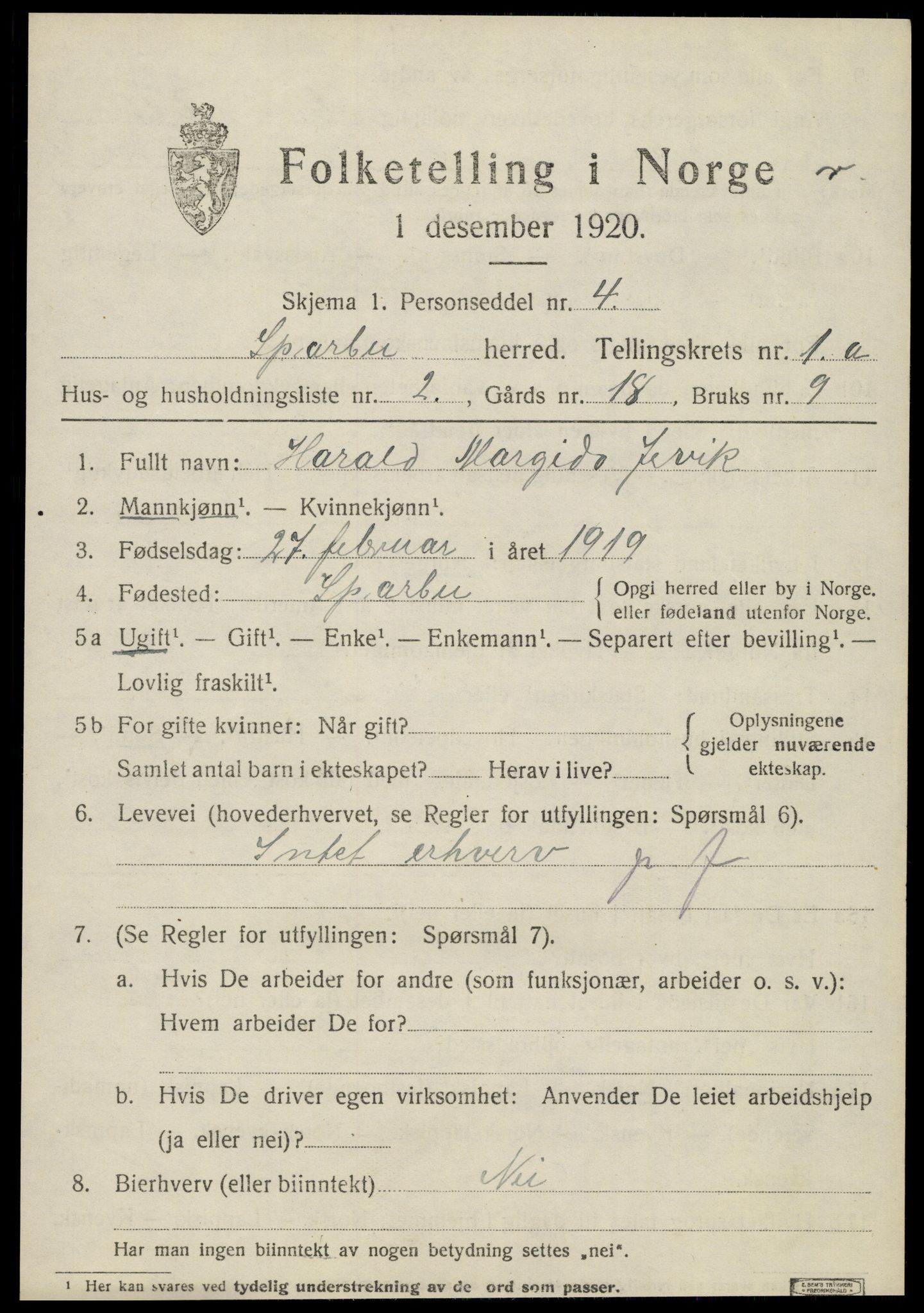 SAT, 1920 census for Sparbu, 1920, p. 1017