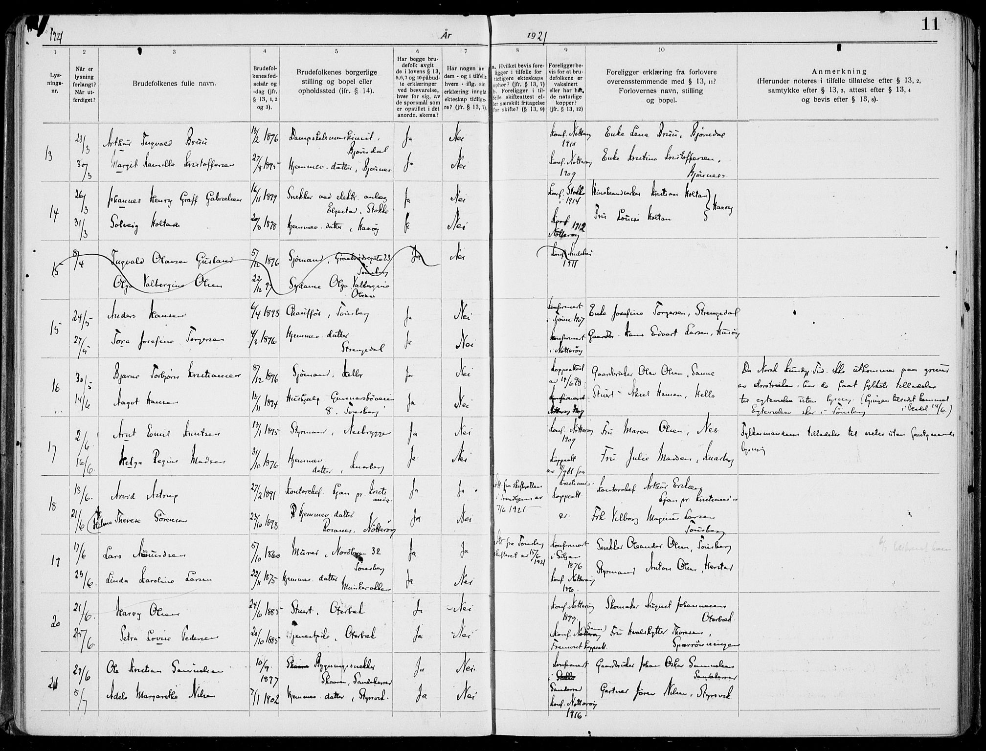 Nøtterøy kirkebøker, AV/SAKO-A-354/H/Ha/L0001: Banns register no. 1, 1919-1937, p. 11