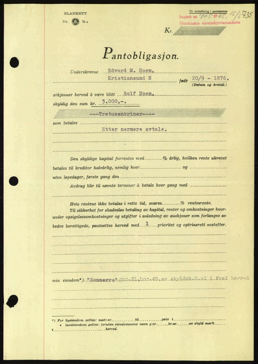 Nordmøre sorenskriveri, AV/SAT-A-4132/1/2/2Ca: Mortgage book no. B92, 1944-1945, Diary no: : 705/1945