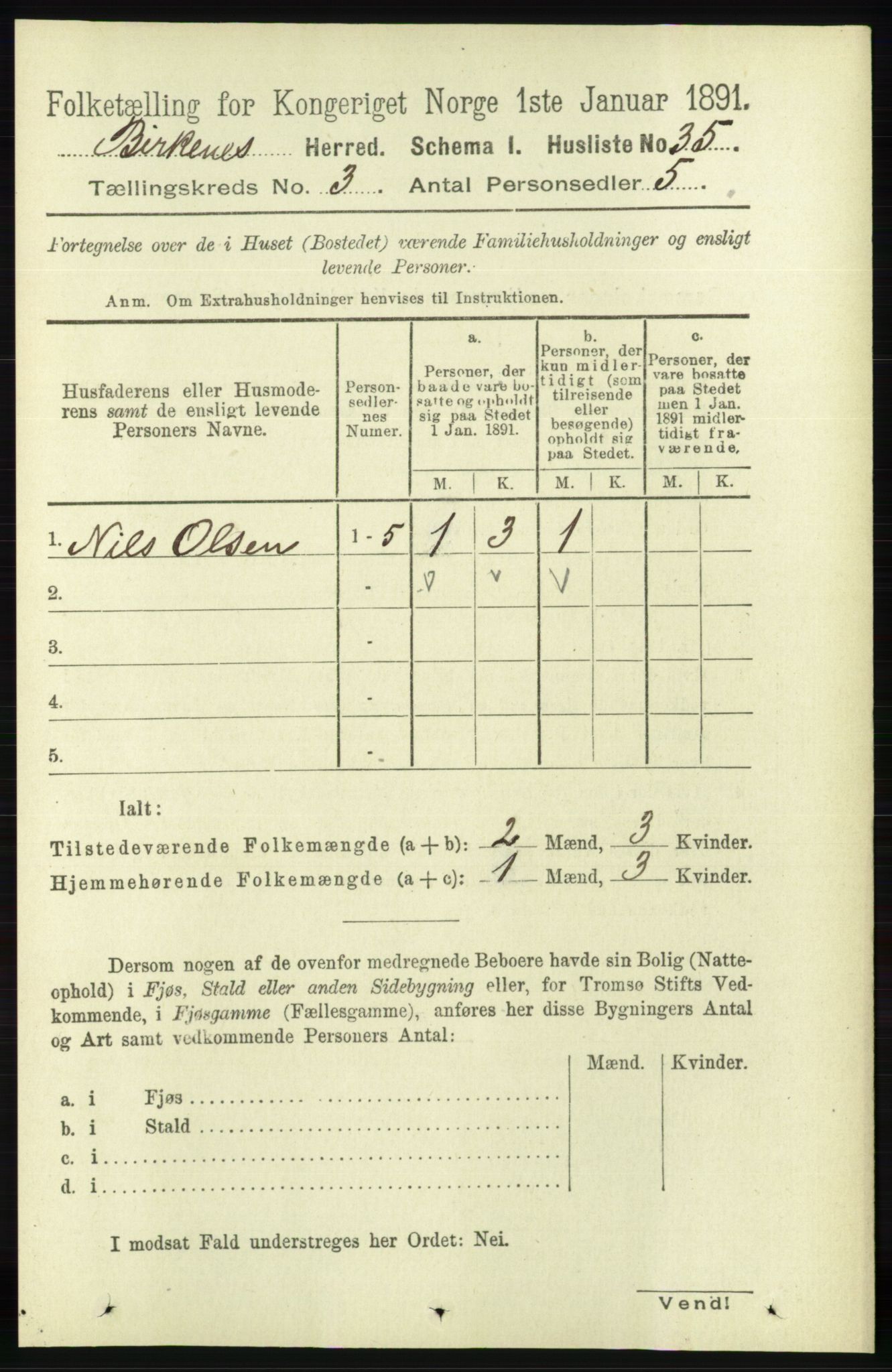 RA, 1891 Census for 0928 Birkenes, 1891, p. 815