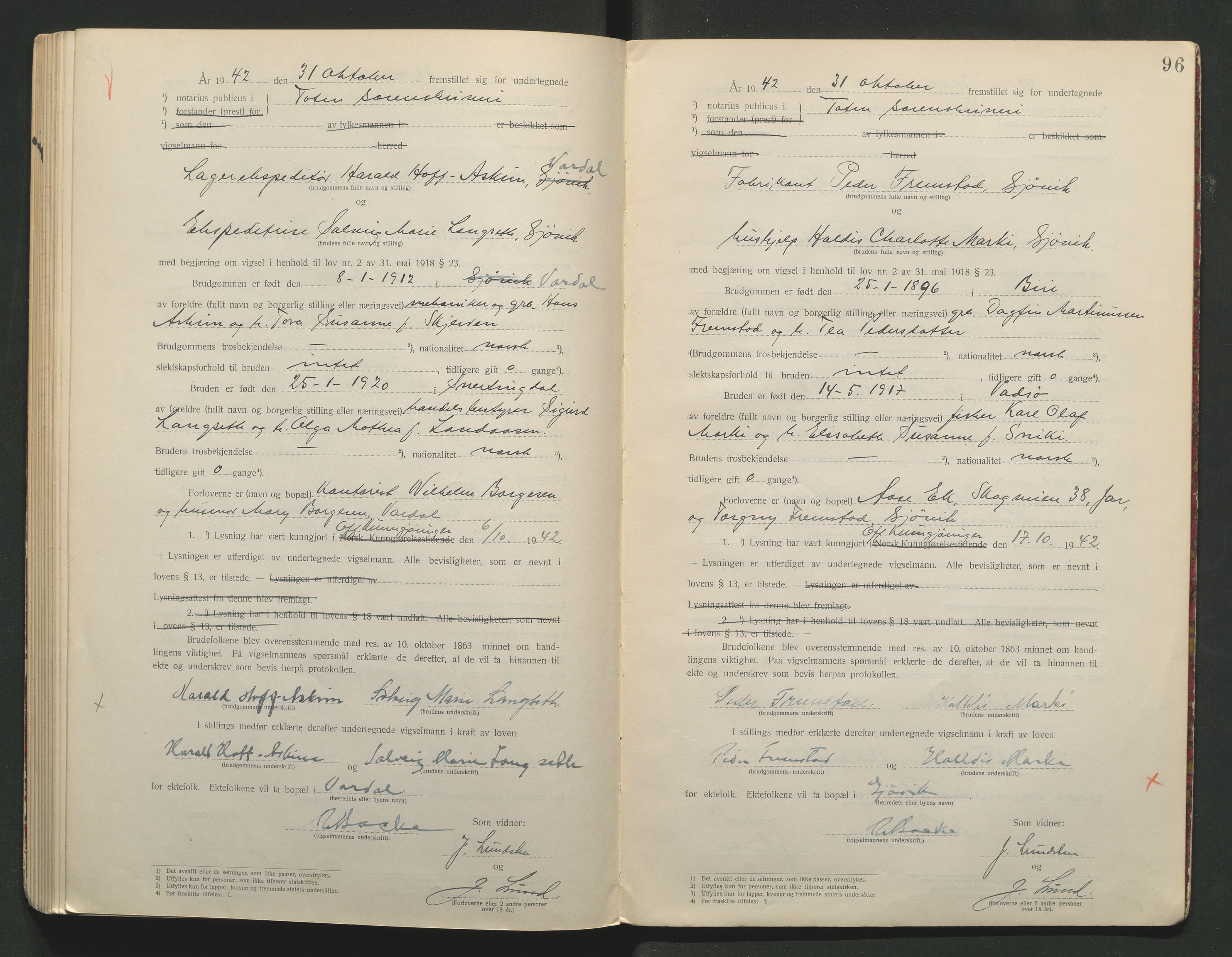 Toten tingrett, AV/SAH-TING-006/L/Lc/L0001: Vigselbok, 1920-1942, p. 96