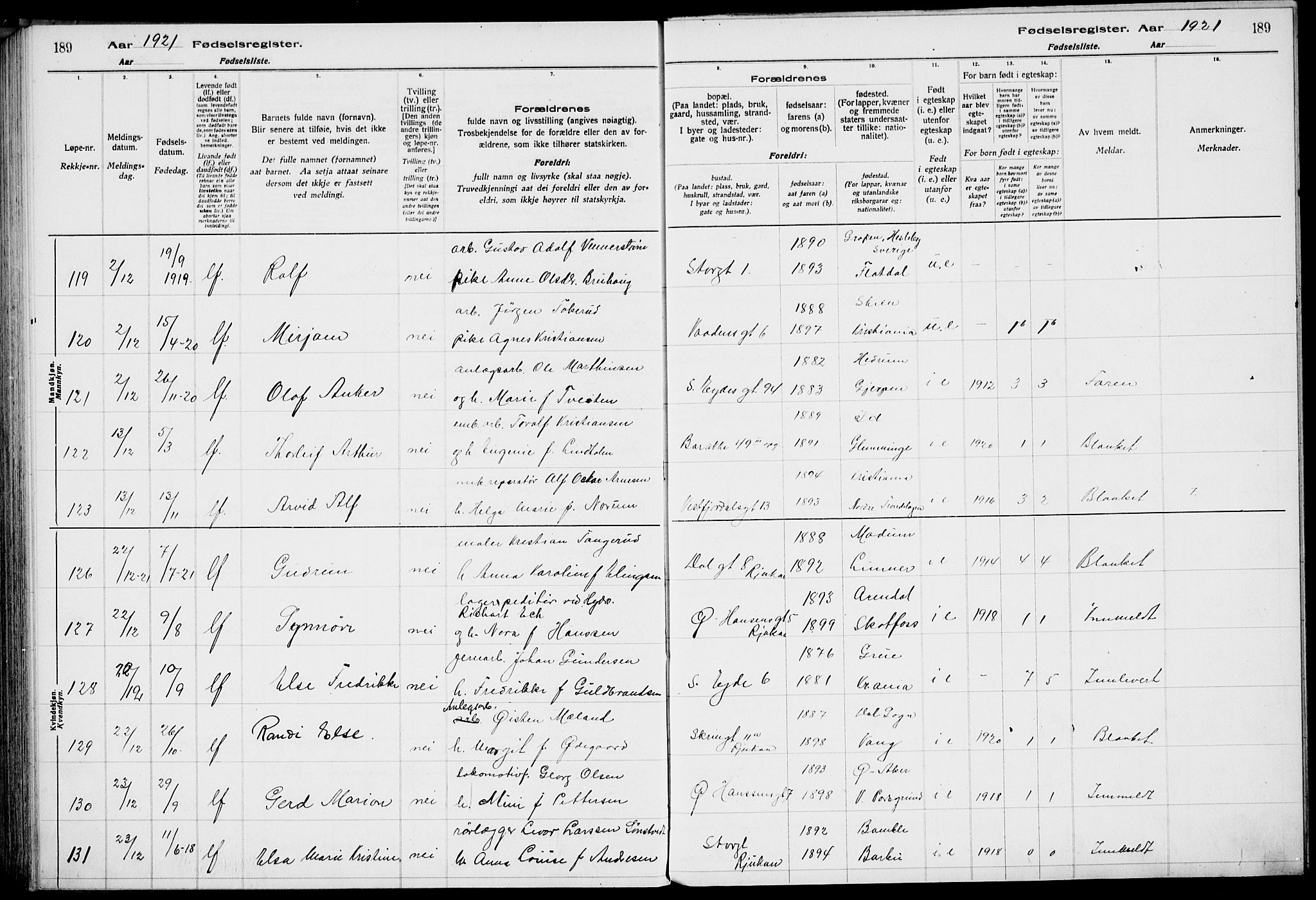 Rjukan kirkebøker, AV/SAKO-A-294/J/Ja/L0001: Birth register no. 1, 1916-1922, p. 189