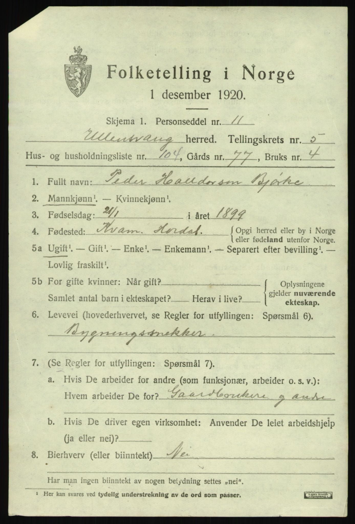 SAB, 1920 census for Ullensvang, 1920, p. 3594