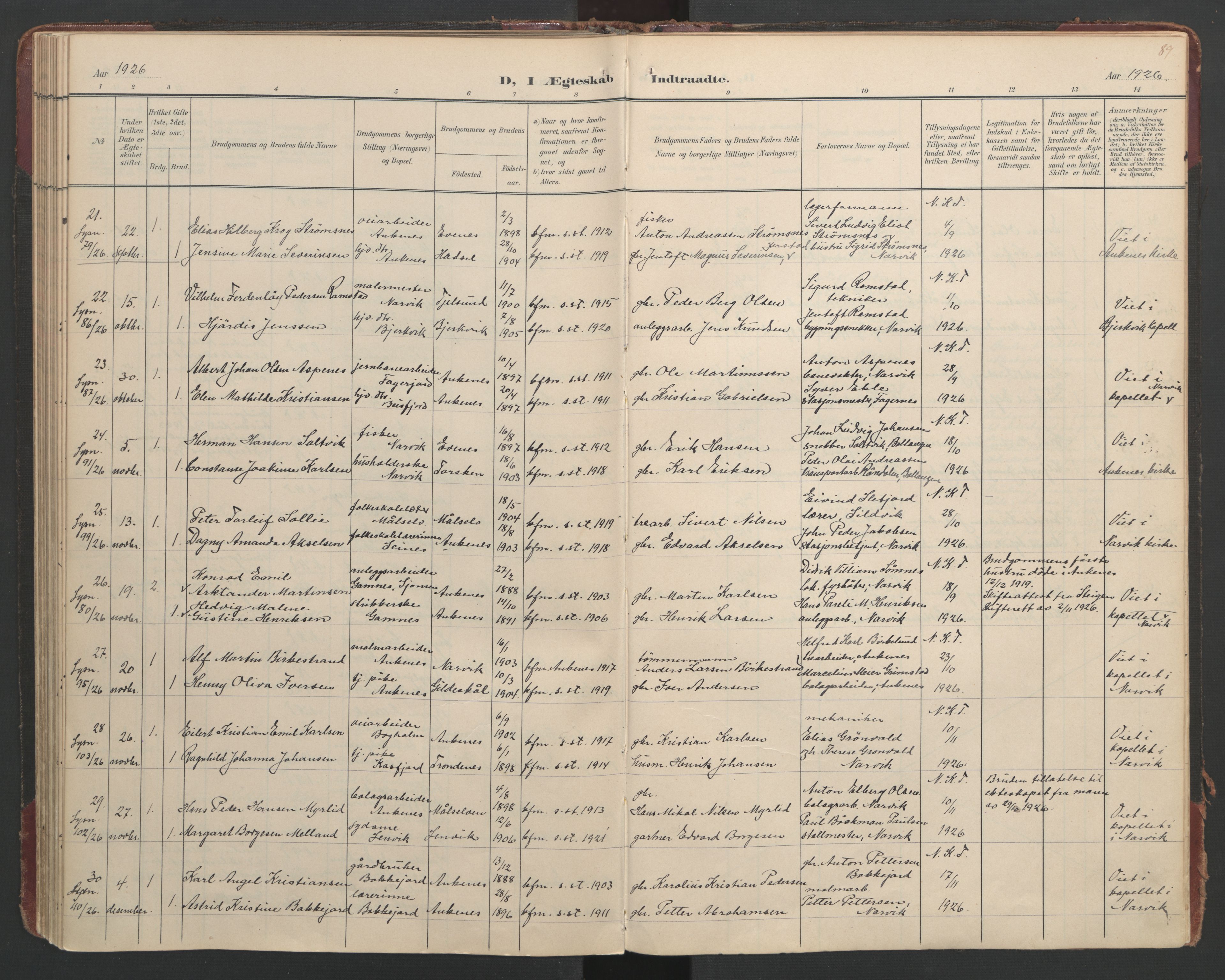 Ministerialprotokoller, klokkerbøker og fødselsregistre - Nordland, AV/SAT-A-1459/866/L0942: Parish register (official) no. 866A05, 1901-1928, p. 89