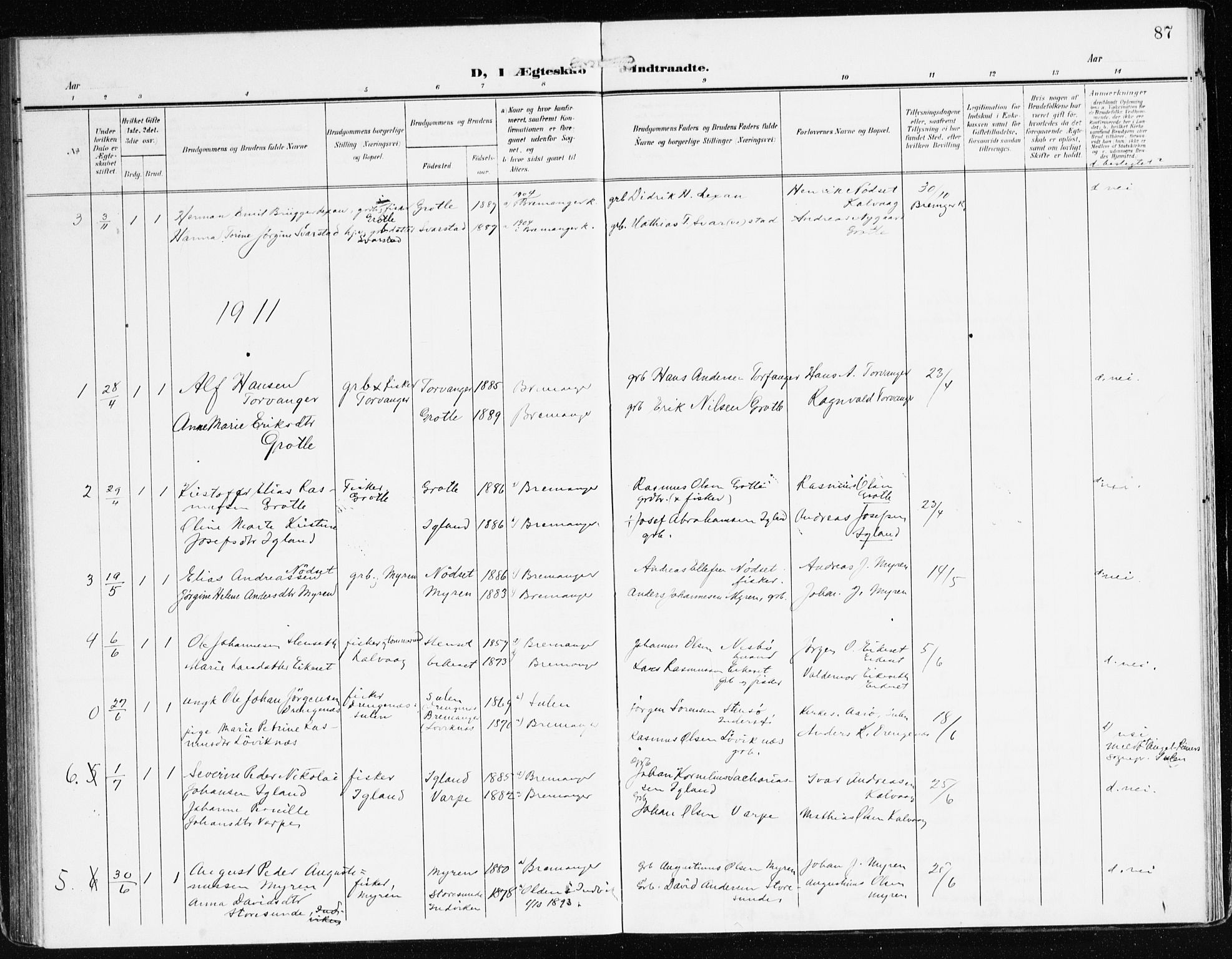 Bremanger sokneprestembete, SAB/A-82201/H/Haa/Haac/L0001: Parish register (official) no. C 1, 1908-1921, p. 87