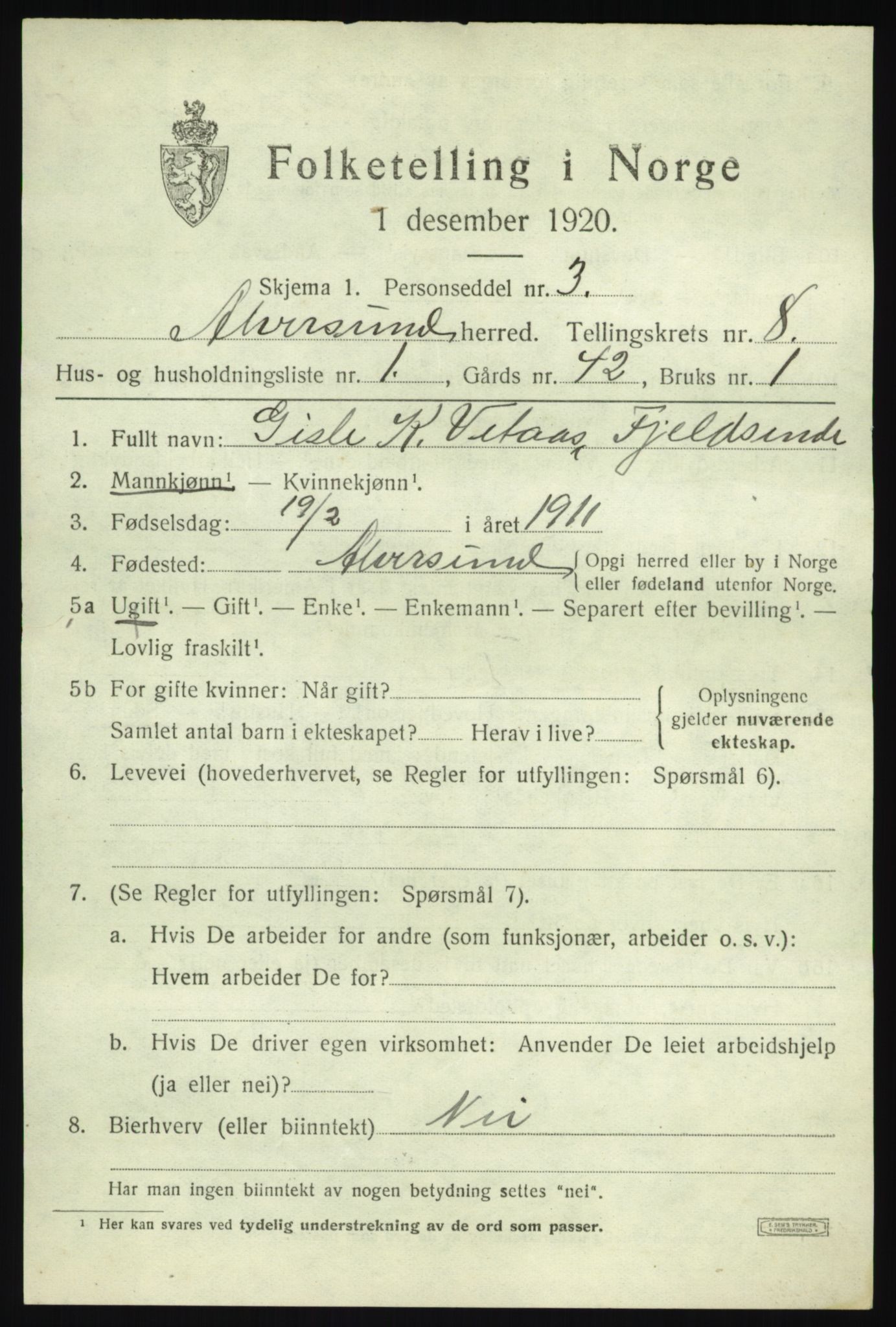 SAB, 1920 census for Alversund, 1920, p. 4840