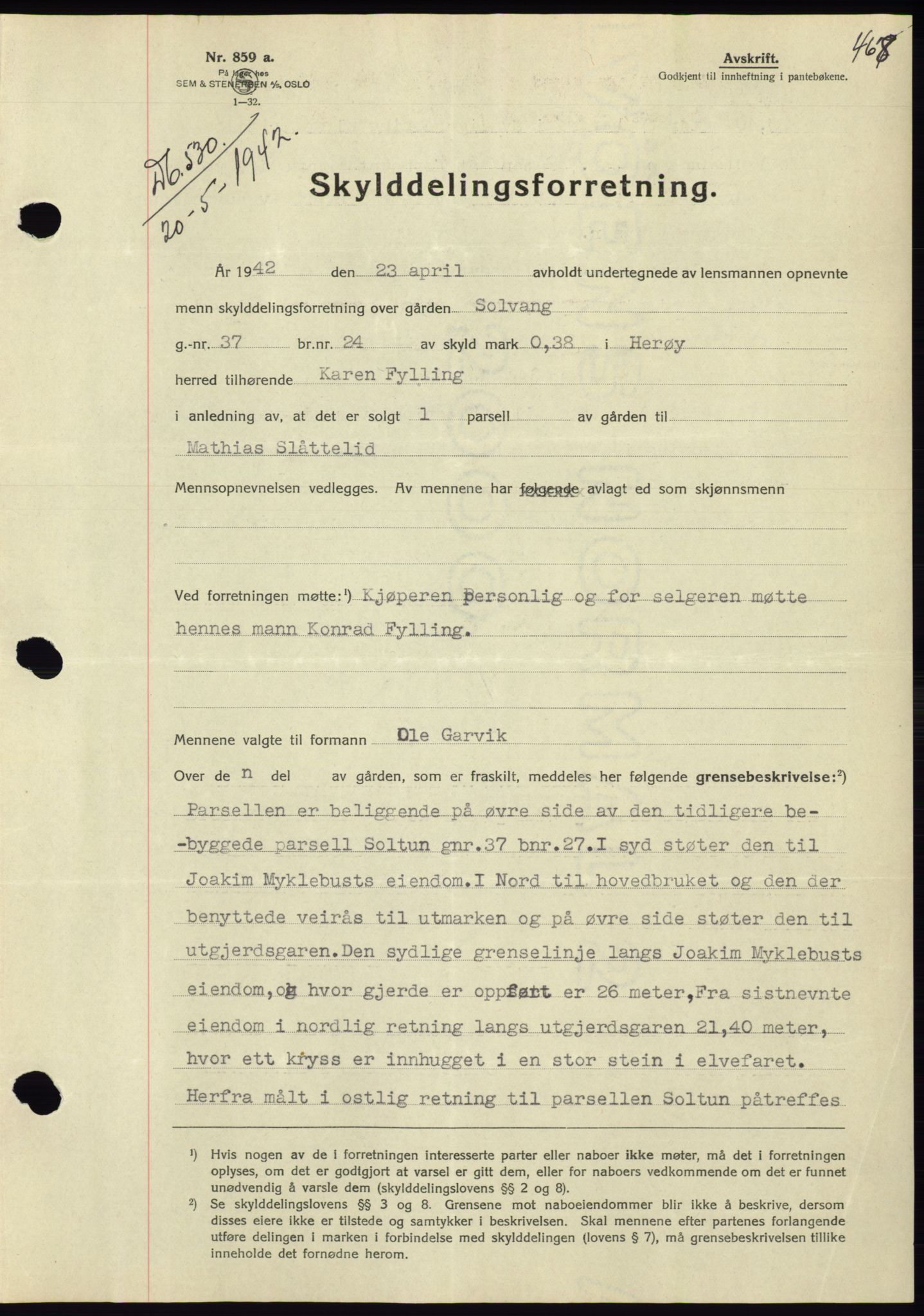 Søre Sunnmøre sorenskriveri, AV/SAT-A-4122/1/2/2C/L0073: Mortgage book no. 67, 1941-1942, Diary no: : 530/1942